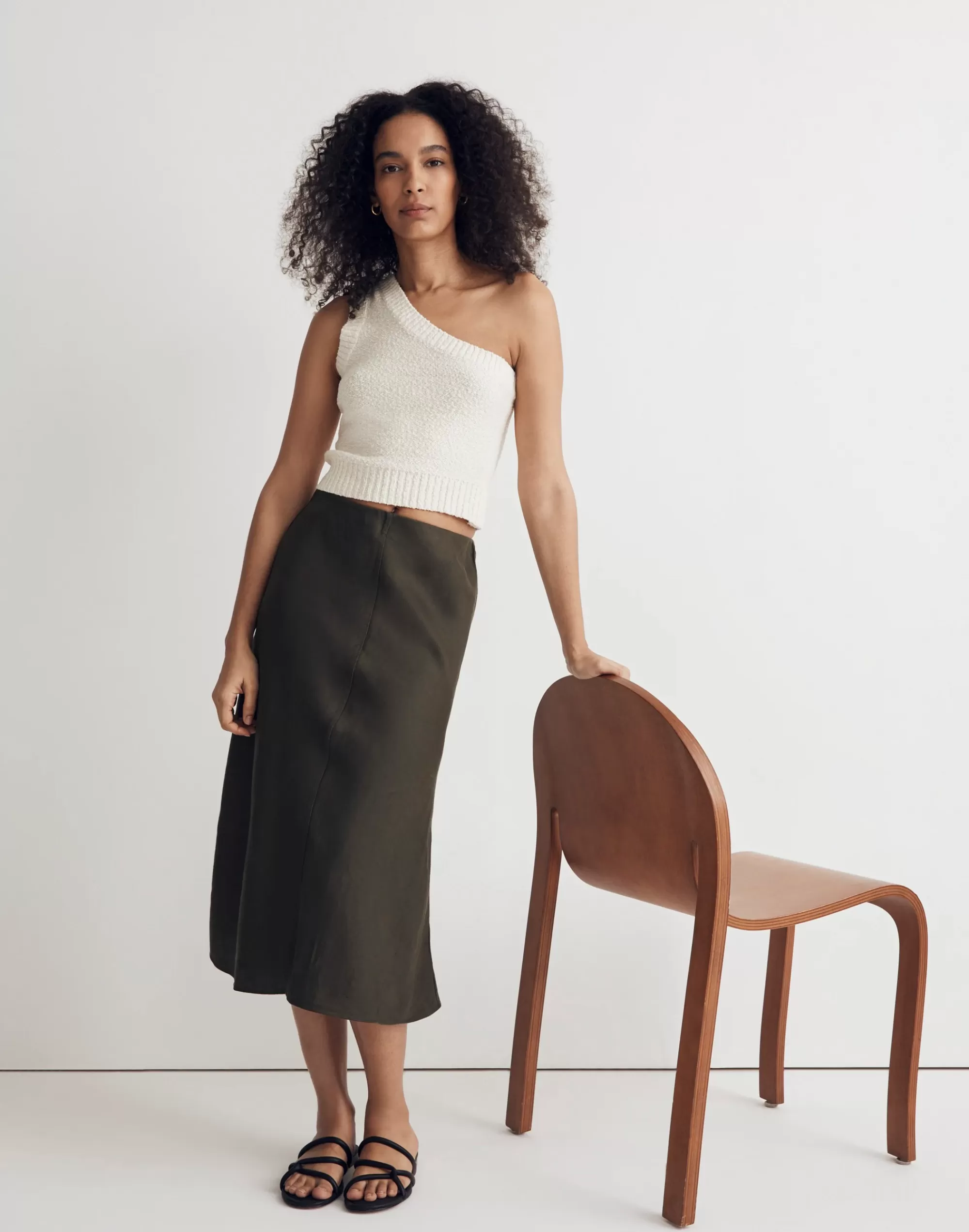 Madewell Skirts>Linen-Blend Midi Slip Skirt Dried Olive