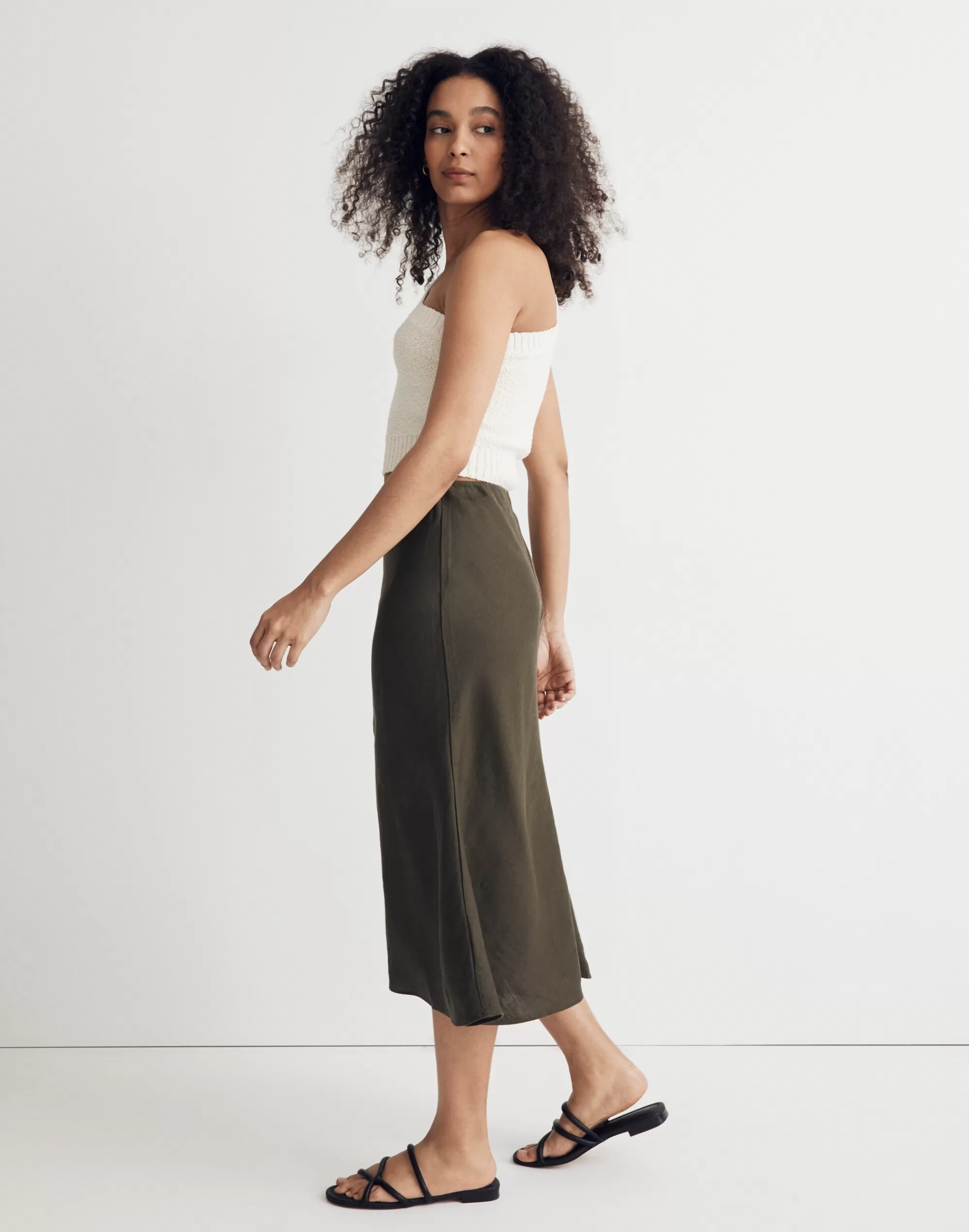 Madewell Skirts>Linen-Blend Midi Slip Skirt Dried Olive