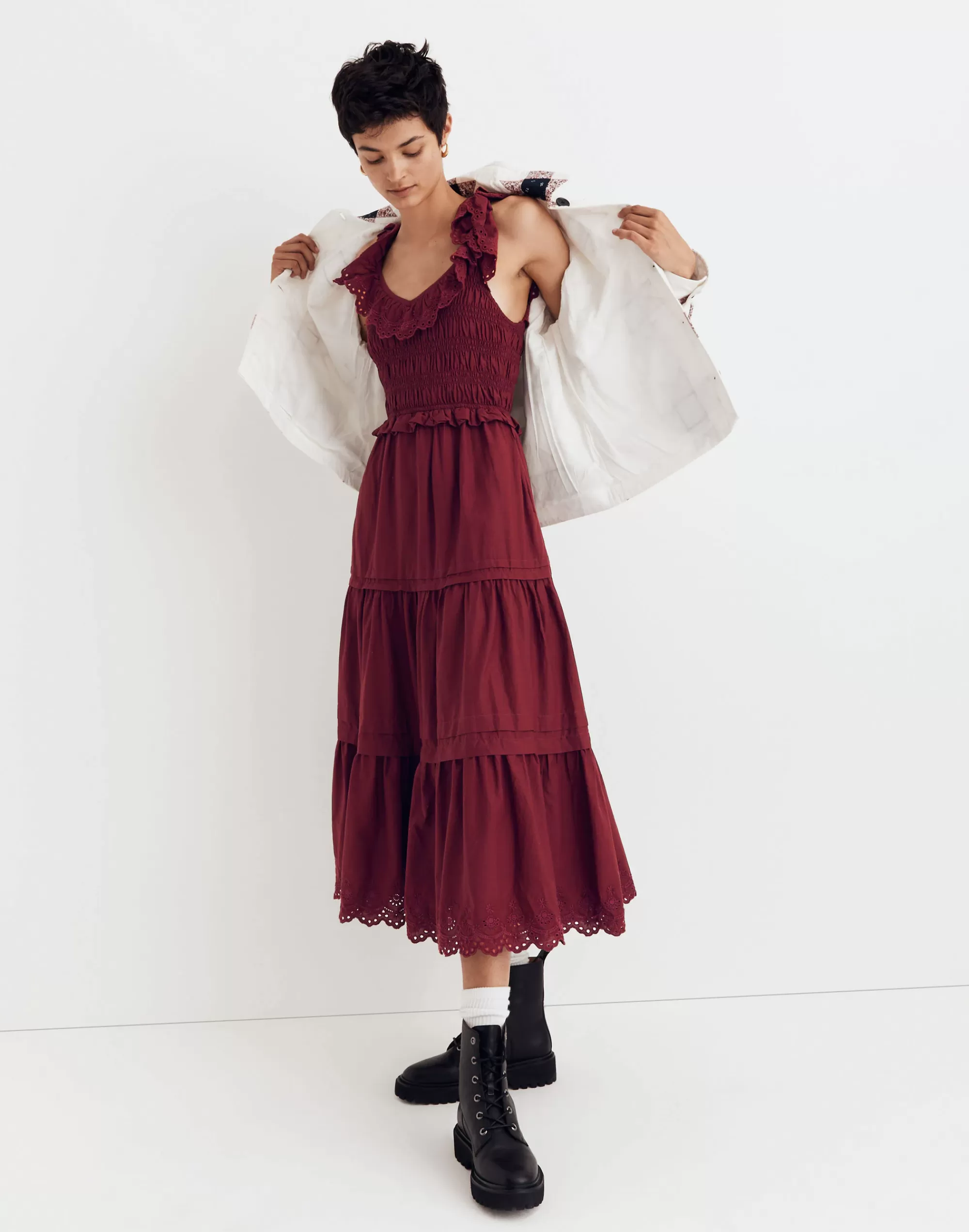 Madewell Dresses>Lucie Embroidered Cotton Midi Dress Vintage Mulberry