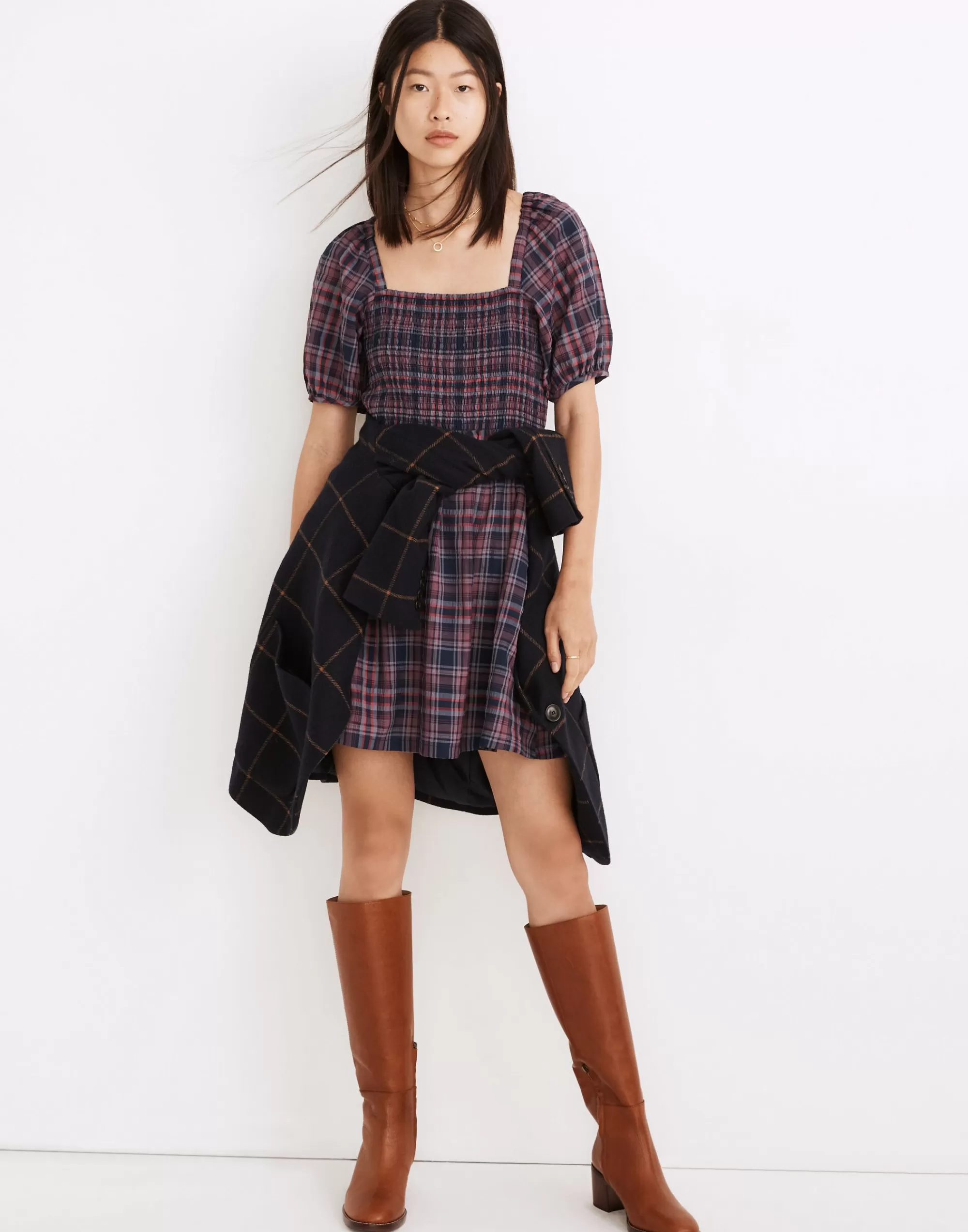 Madewell Dresses>Lucie Puff-Sleeve Smocked Mini Dress In Rockfern Plaid Purple Night