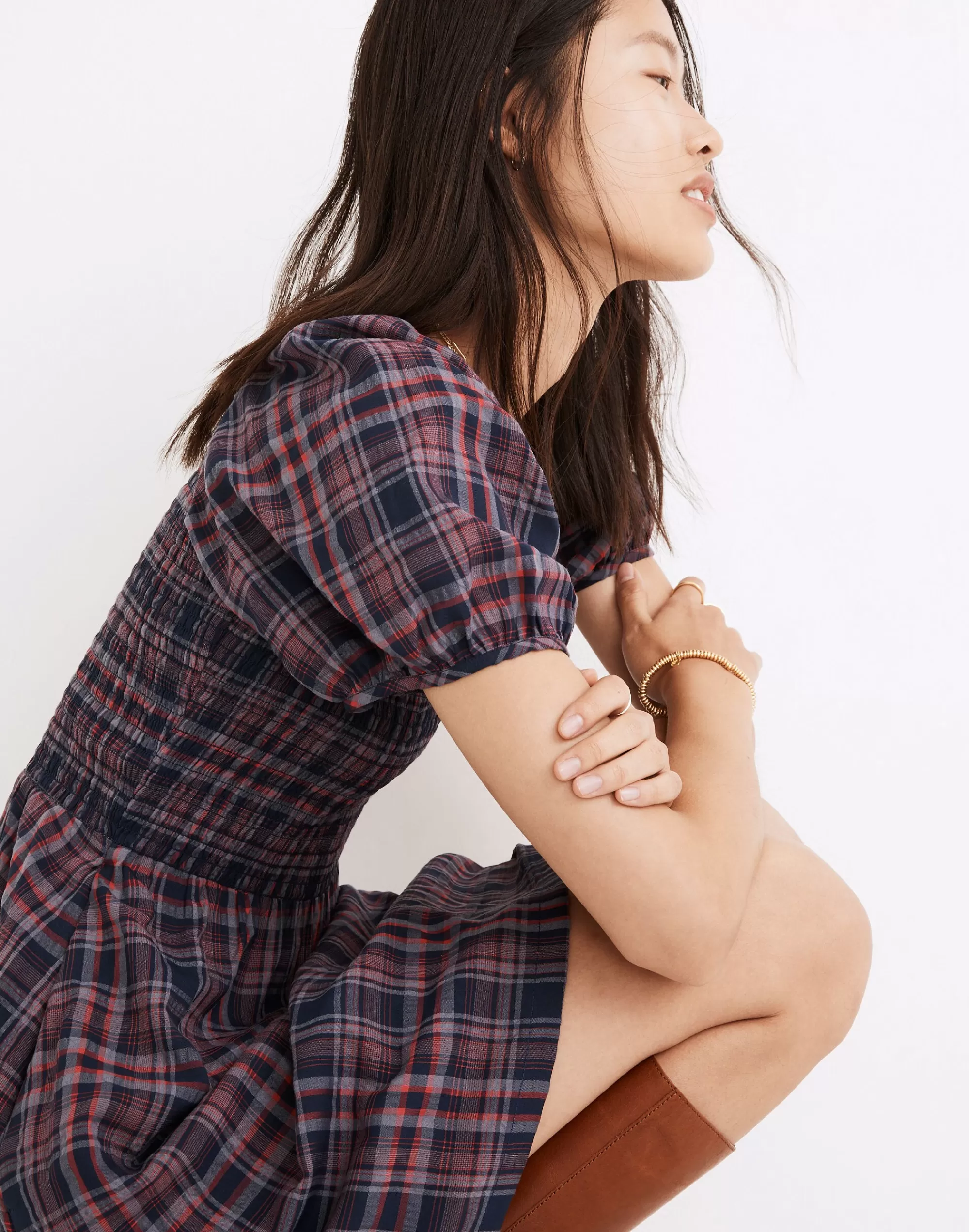 Madewell Dresses>Lucie Puff-Sleeve Smocked Mini Dress In Rockfern Plaid Purple Night