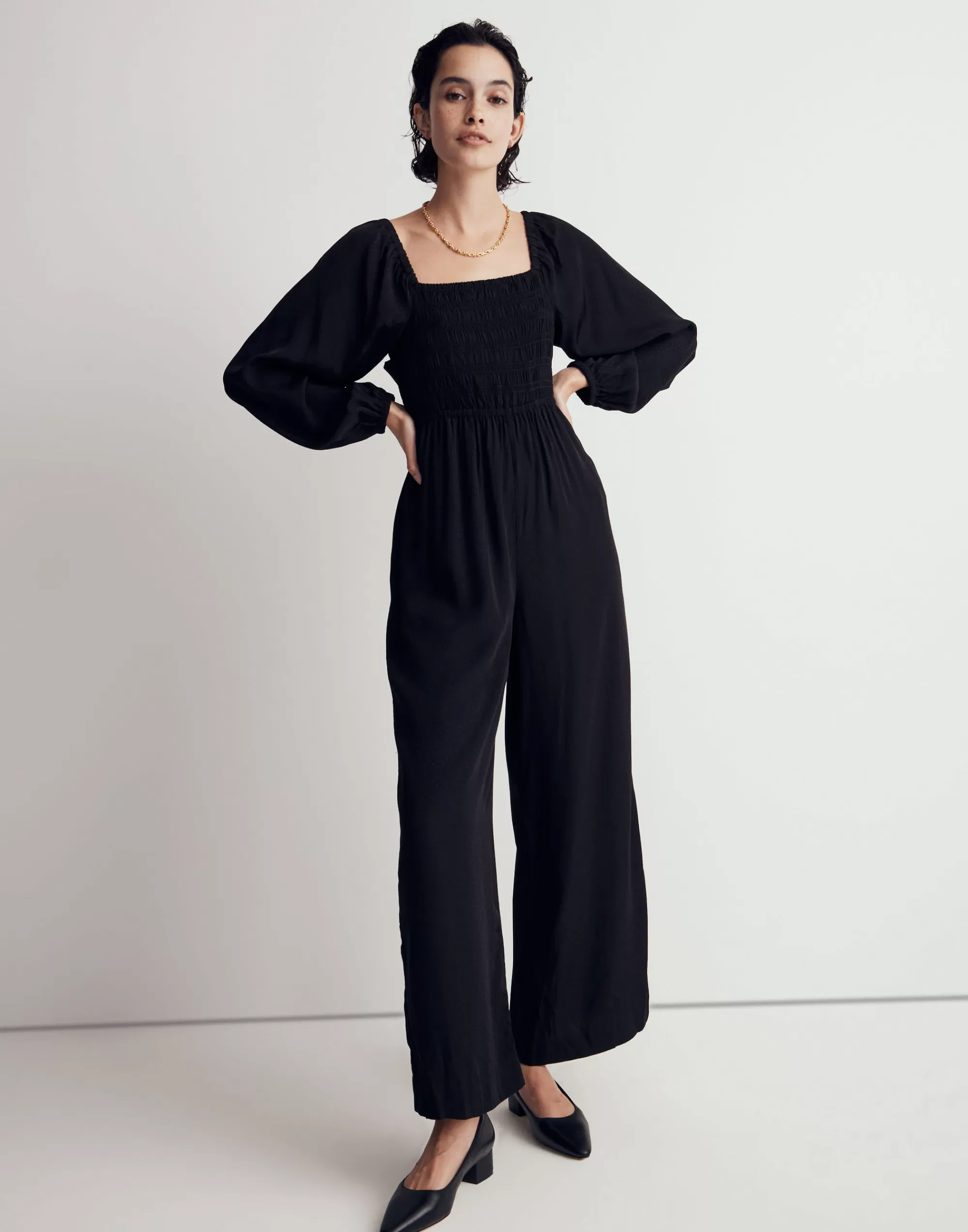 Madewell Dresses>Lucie Tie-Back Long-Sleeve Jumpsuit In Star Jacquard True Black