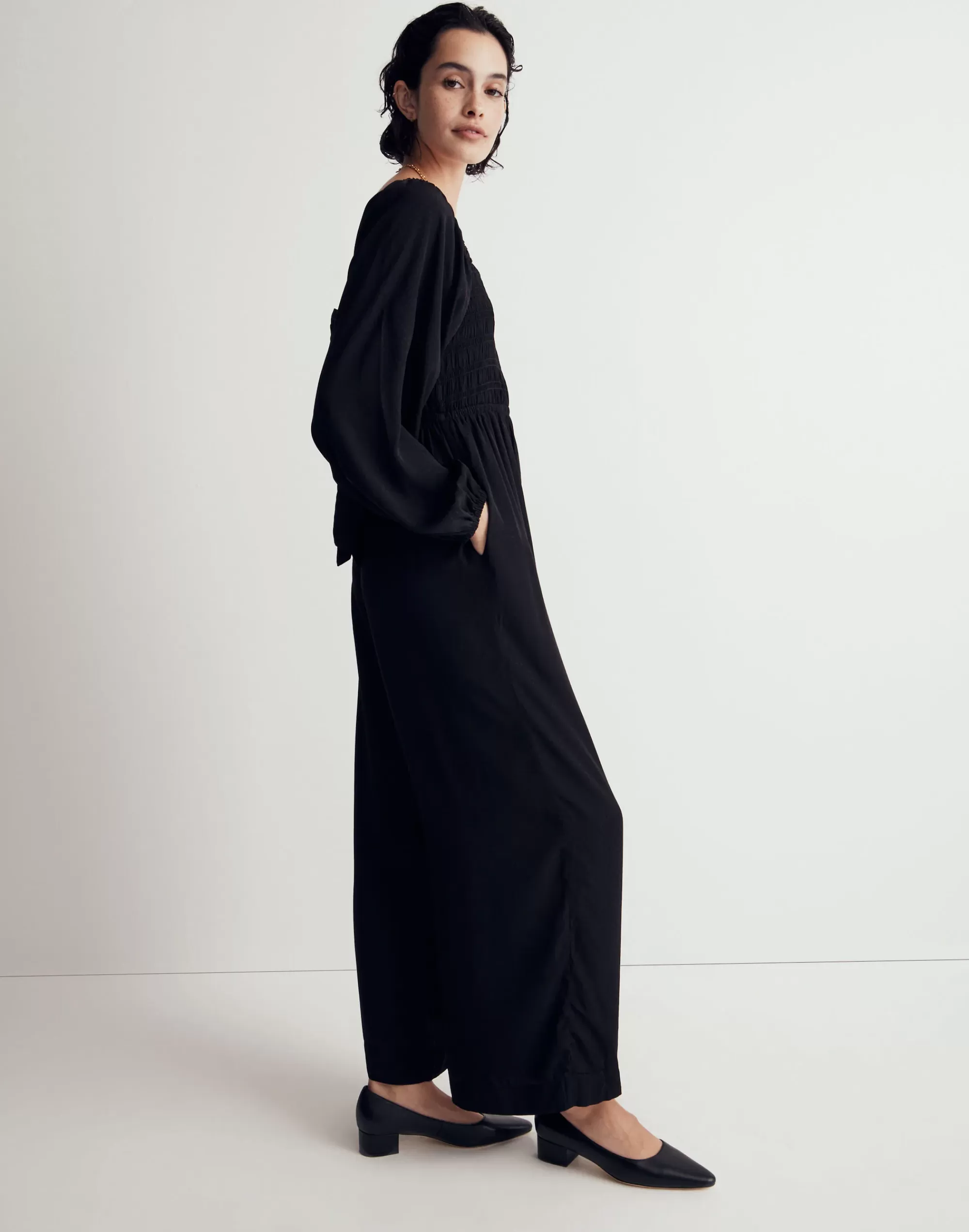 Madewell Dresses>Lucie Tie-Back Long-Sleeve Jumpsuit In Star Jacquard True Black