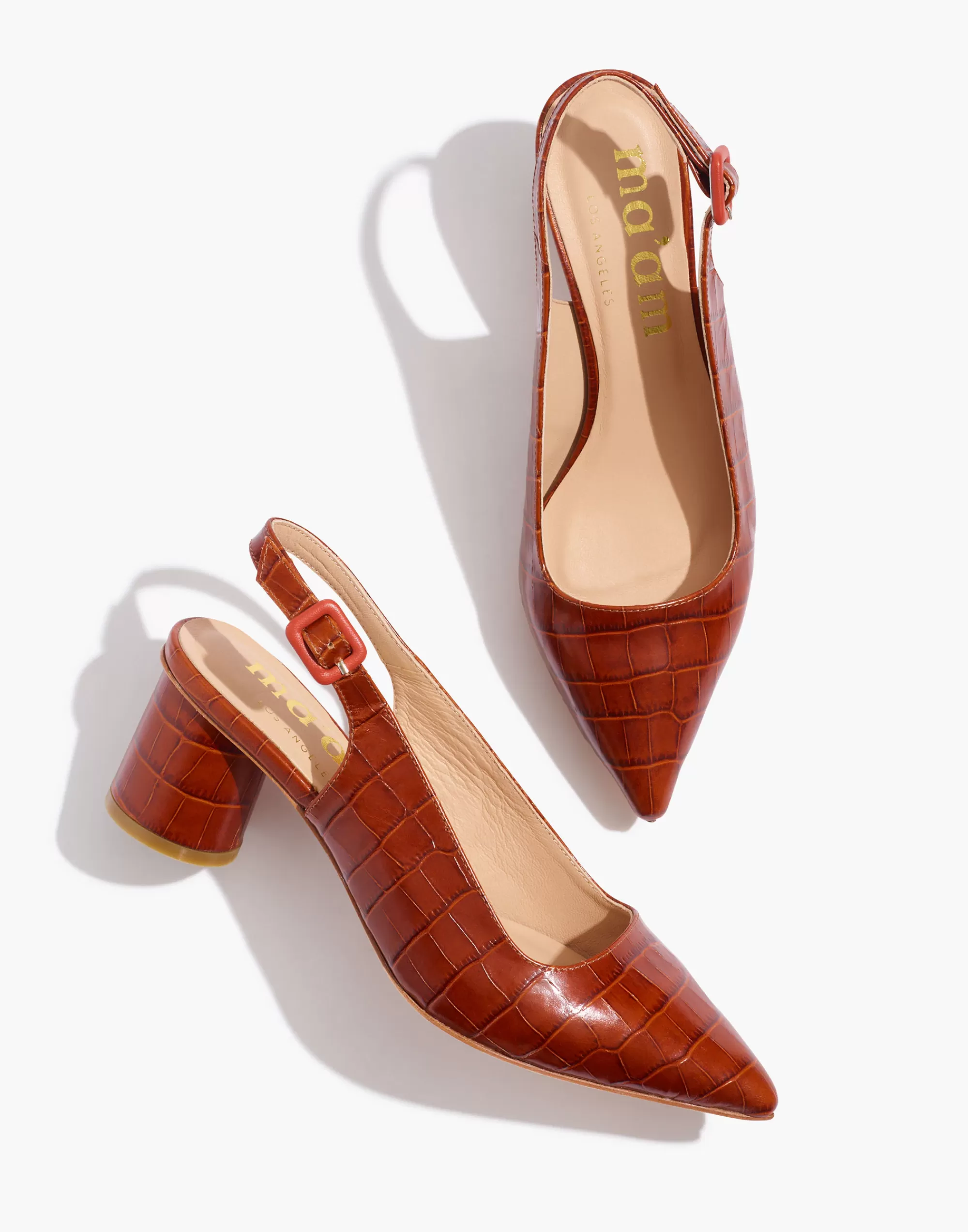 Madewell Heels>Ma'Am Shoes Croc Embossed Leather Stacey Slingback Heels Cognac