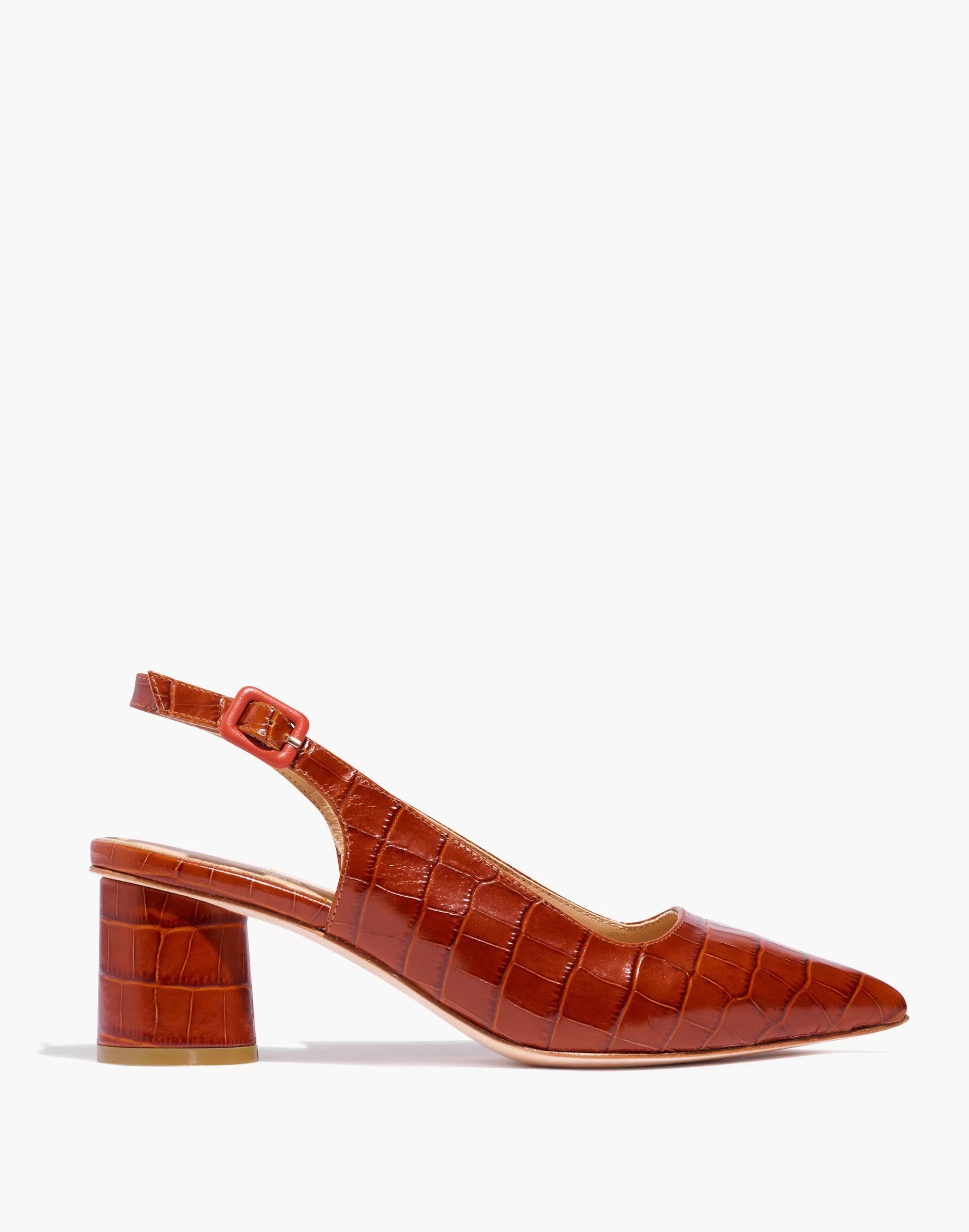 Madewell Heels>Ma'Am Shoes Croc Embossed Leather Stacey Slingback Heels Cognac