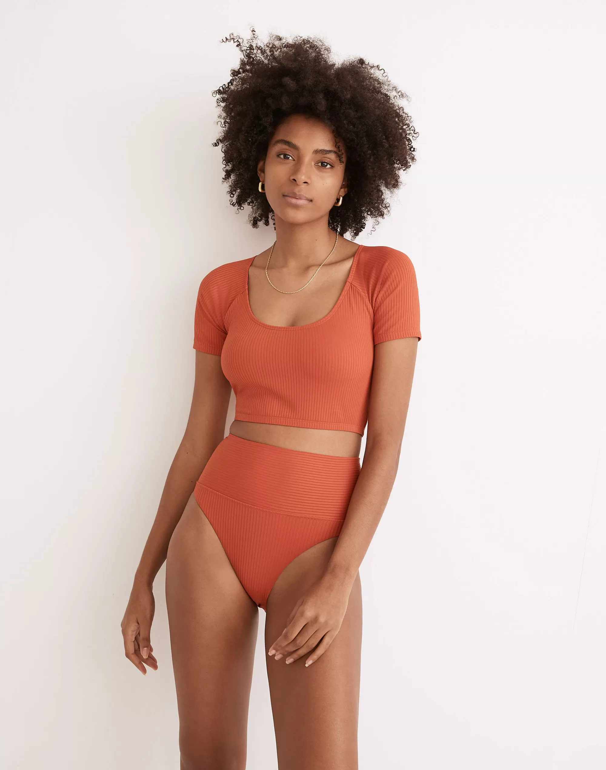 Madewell Swim> Second Wave Ribbed Short-Sleeve Crop Rash Guard Fresh Chili