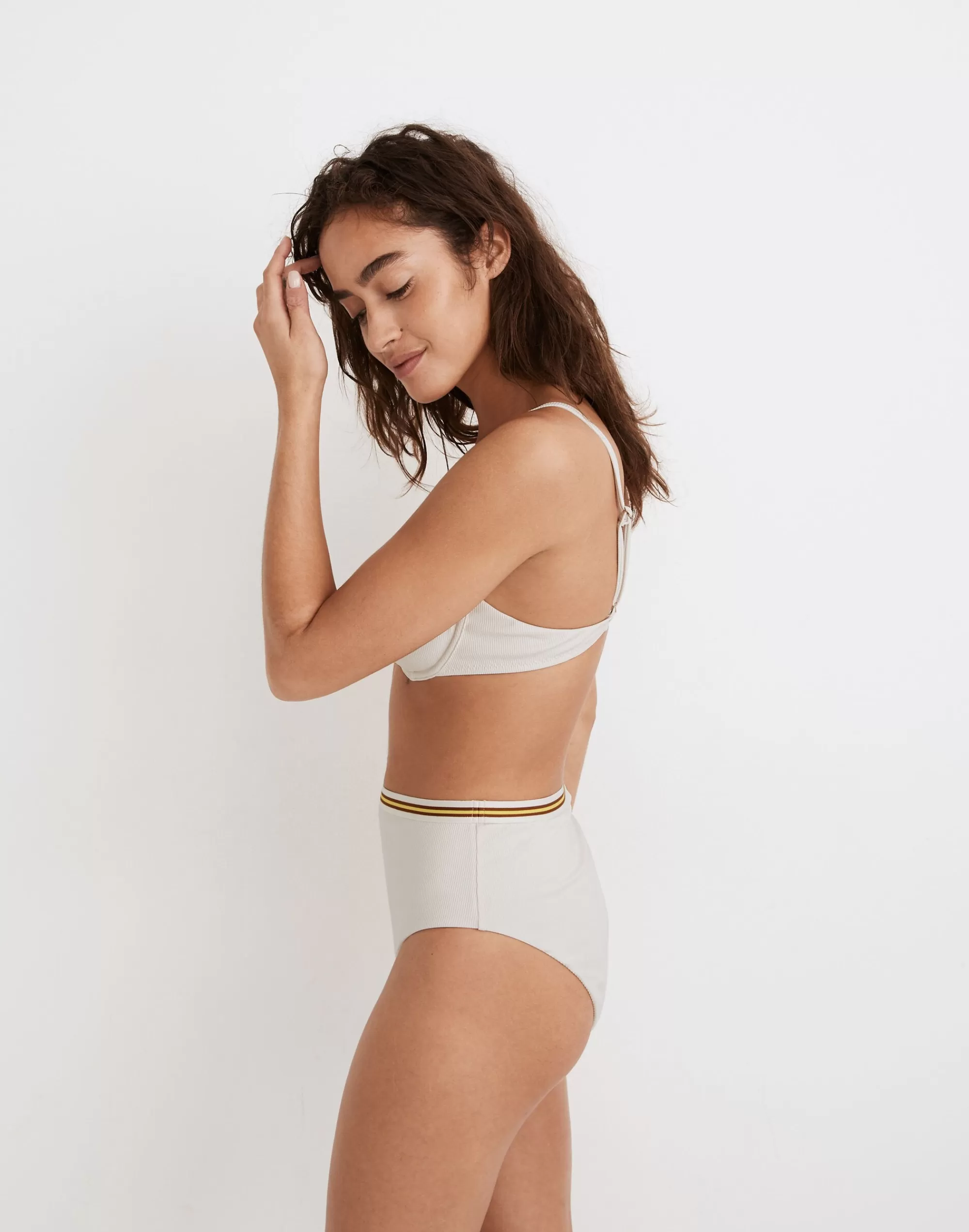 Madewell Swim> Second Wave Stripe-Trim Ribbed High-Cut Bikini Bottom Pearl Ivory