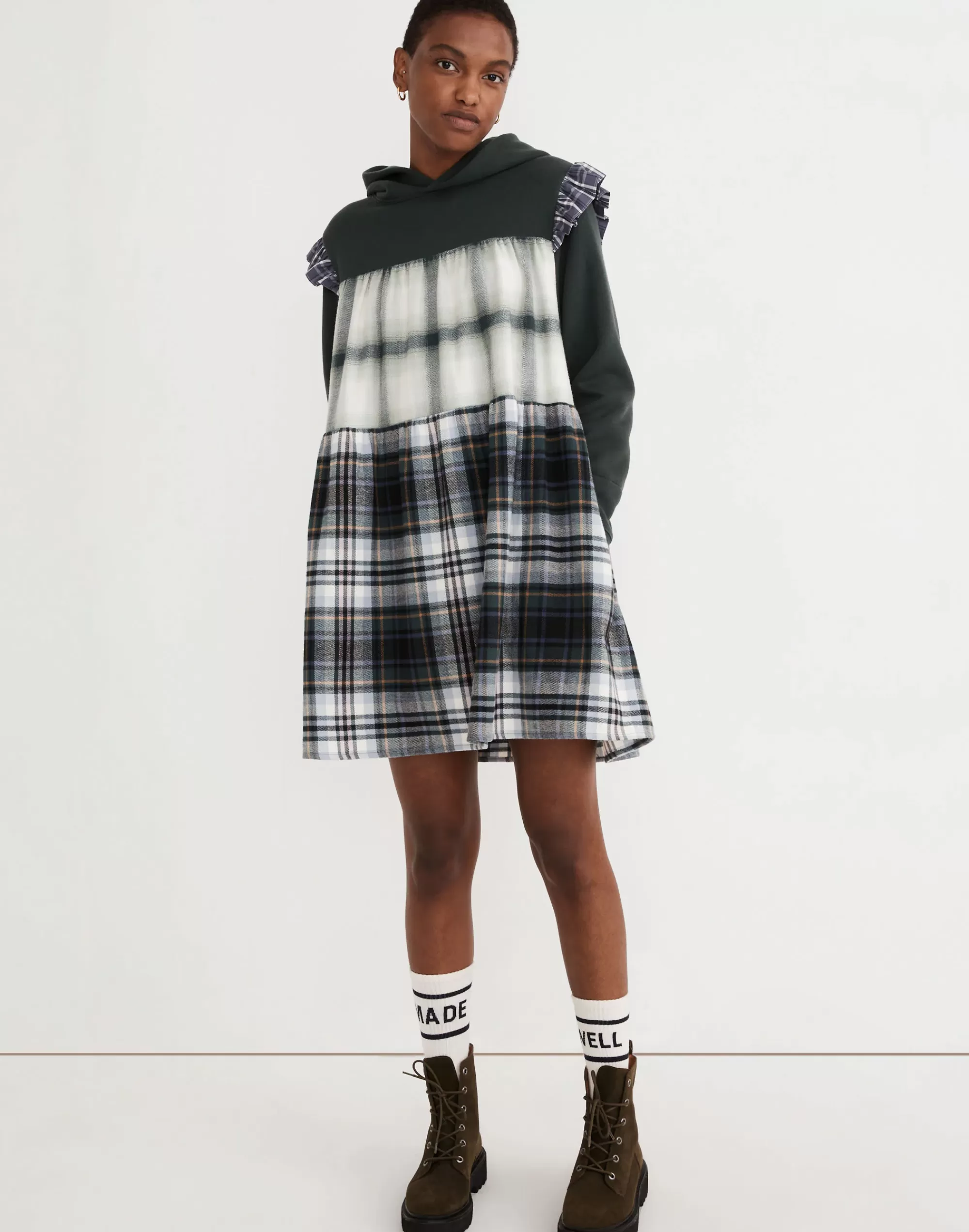 Madewell Dresses> X Rentrayage Upcycled Hoodie Dress Dark Green/Plaid