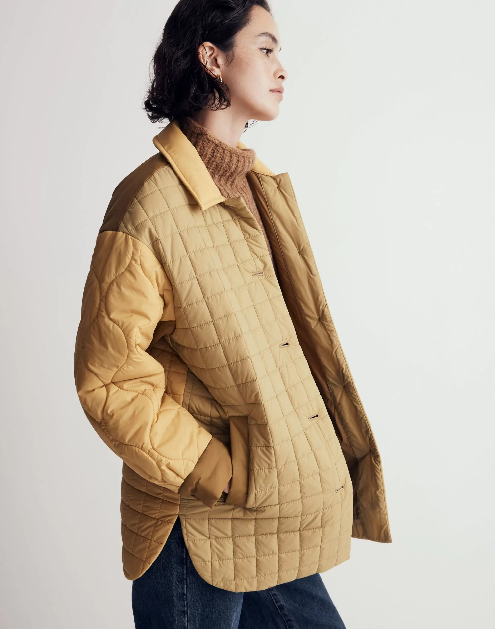 Madewell Jackets>Mixed-Quilt Shirt-Jacket In Recycled Nylon Muted Olive