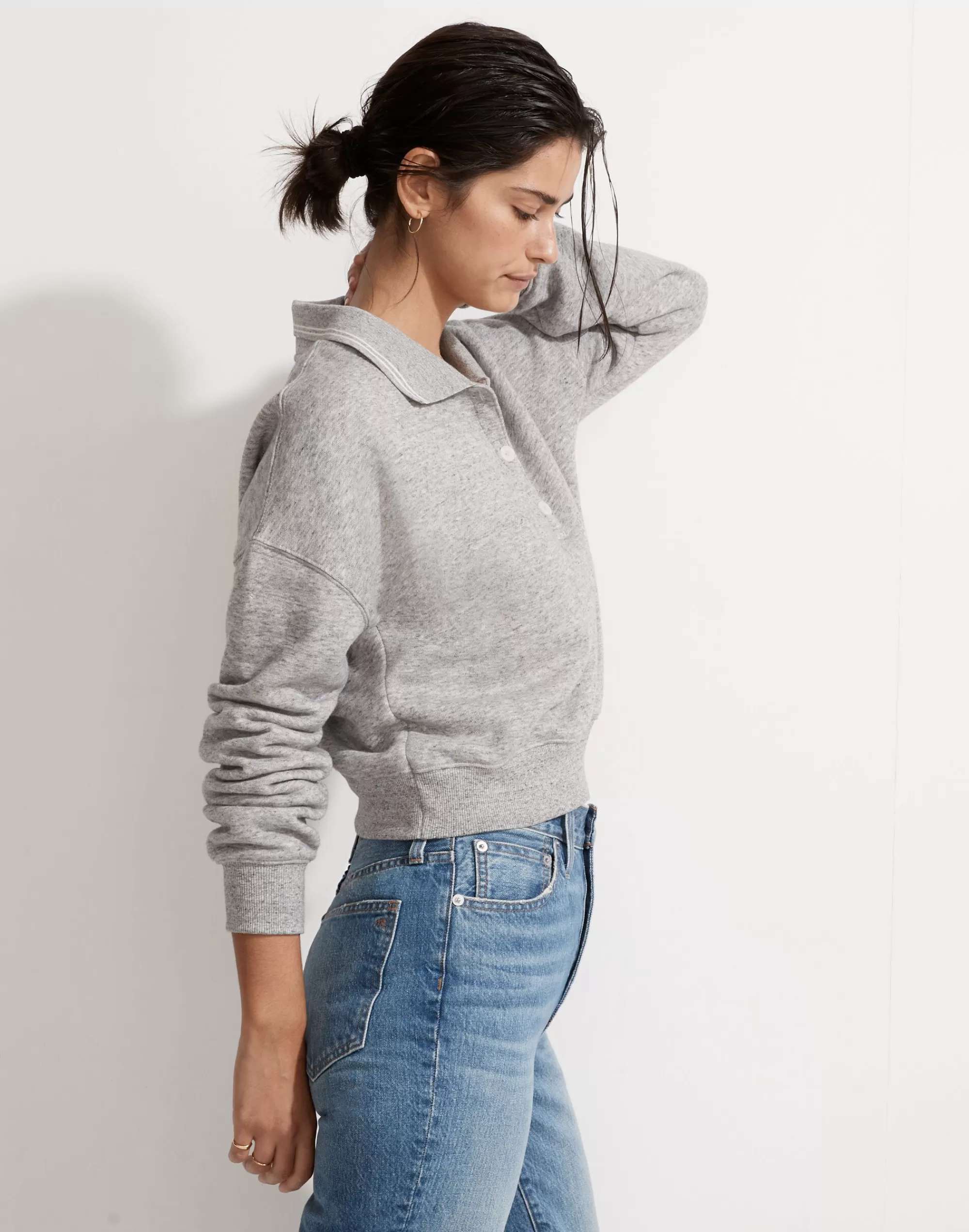 Madewell Sweatshirts & Sweatpants>Mwl Betterterry Crop Polo Sweatshirt Hthr Pepper