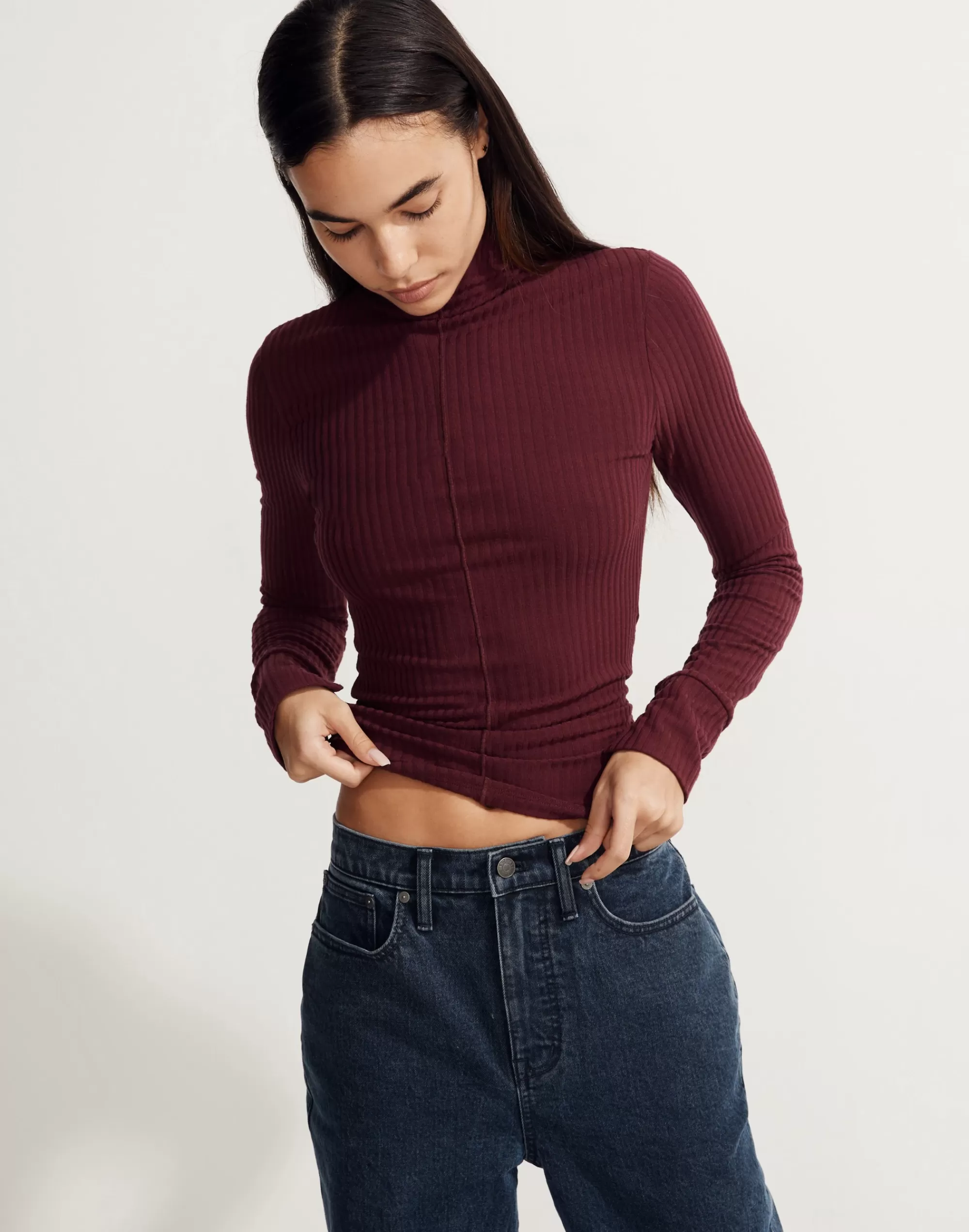 Madewell Tees>Mwl Brushed Rib Long-Sleeve Turtleneck Top Cabernet