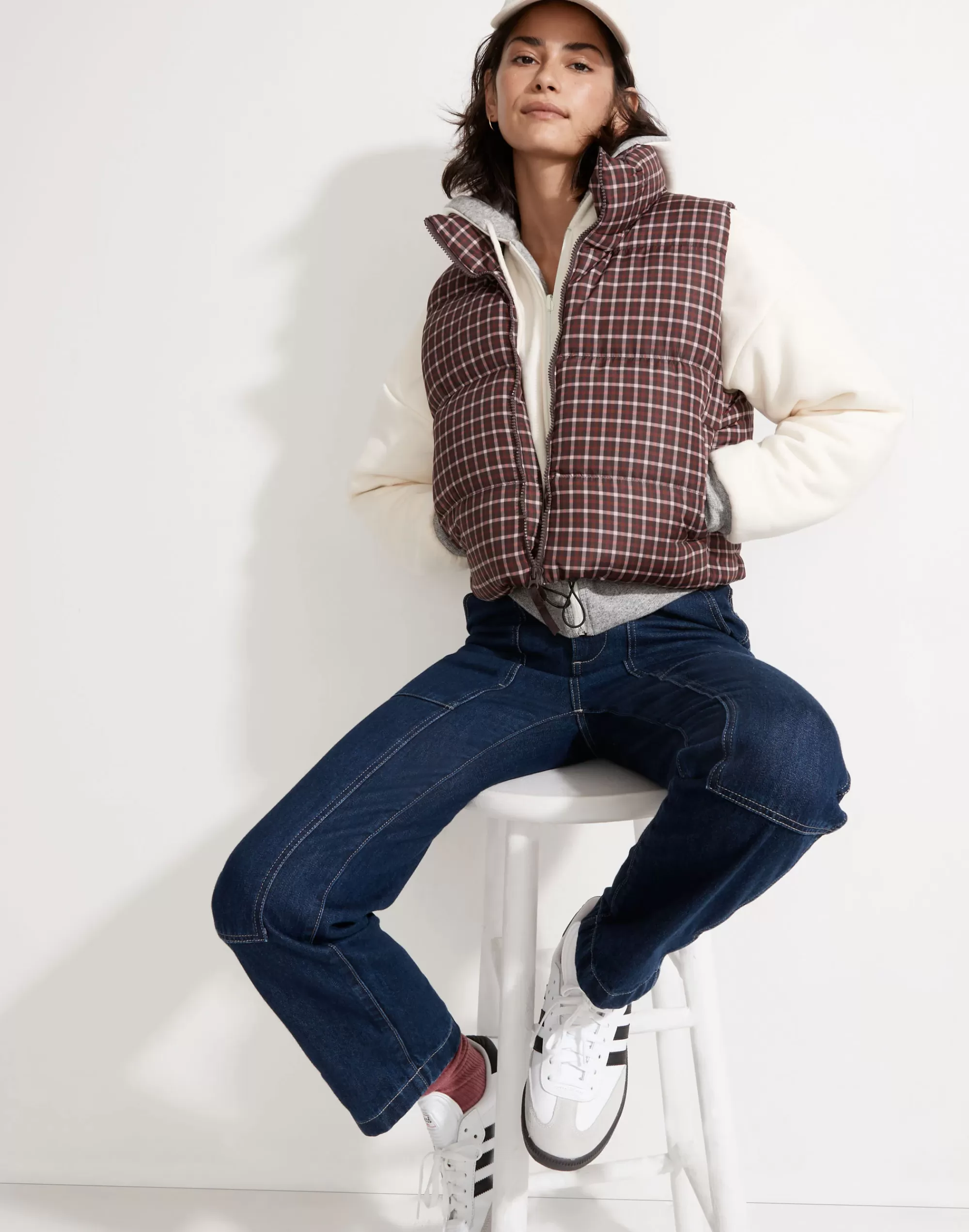 Madewell Jackets>Mwl Cropped Puffer Vest In Plaid Spiced Raisin