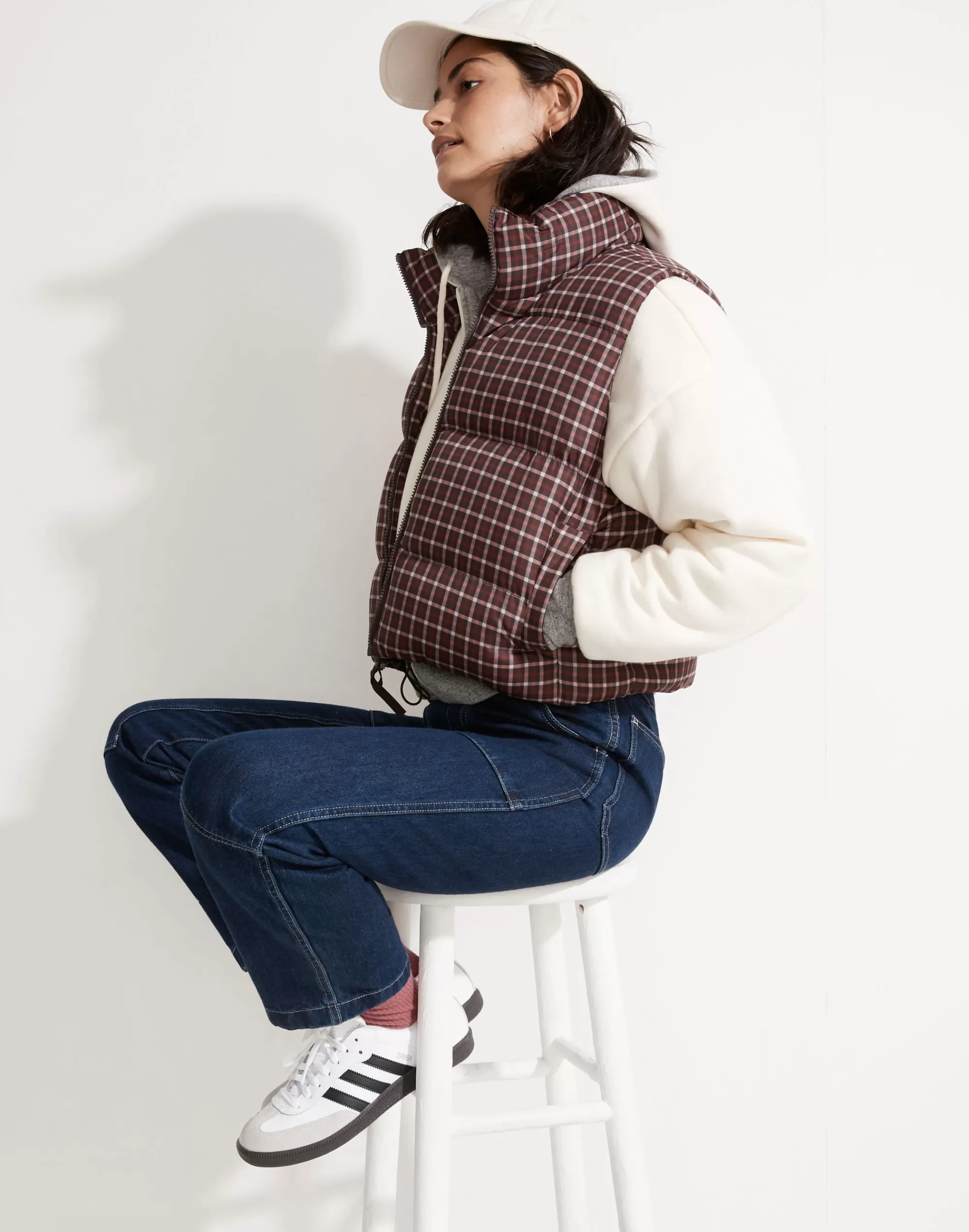 Madewell Activewear>Mwl Cropped Puffer Vest In Plaid Spiced Raisin