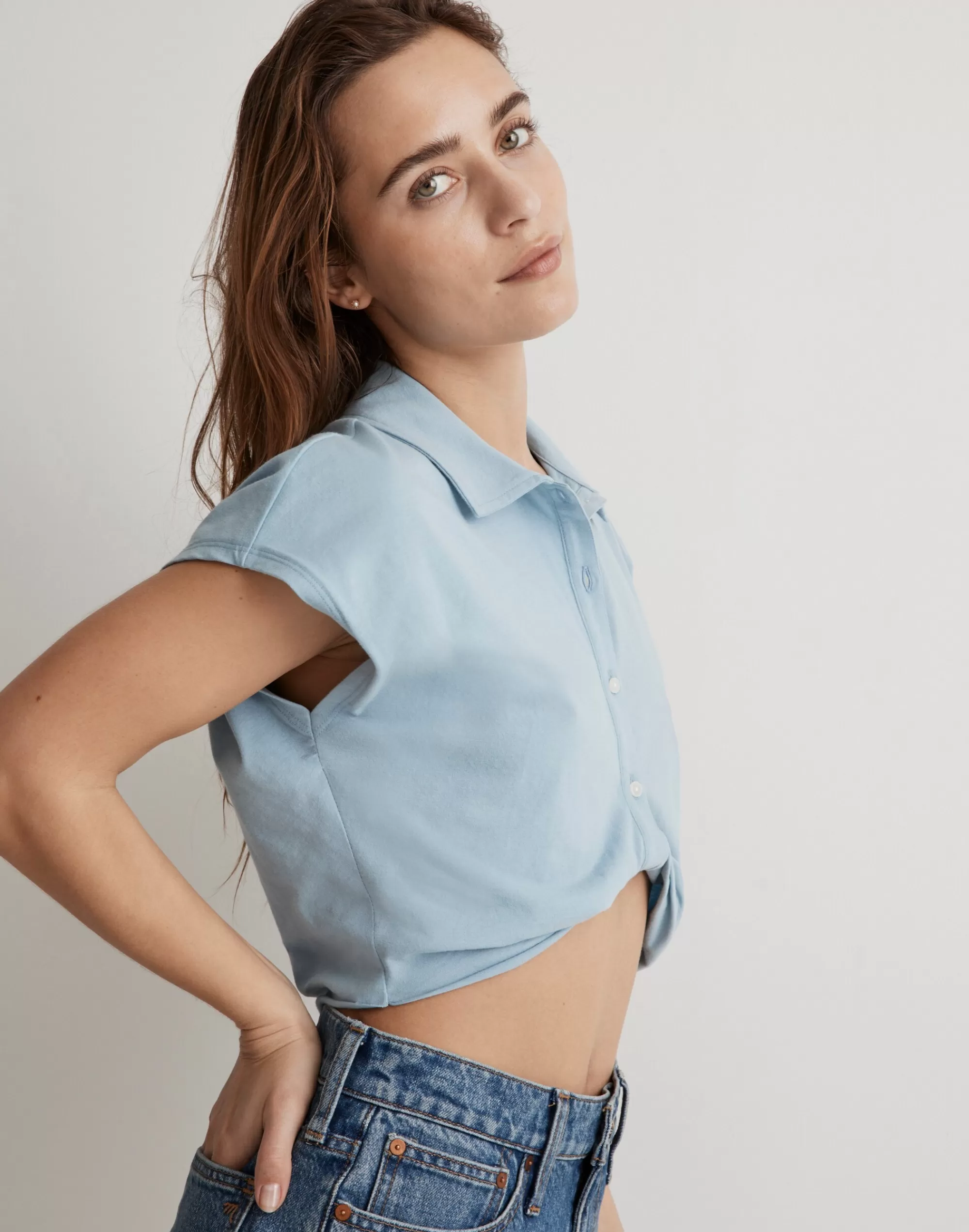 Madewell Activewear>Mwl Polo Twist Tee: Botanical Dye Edition Baby Blue Solid