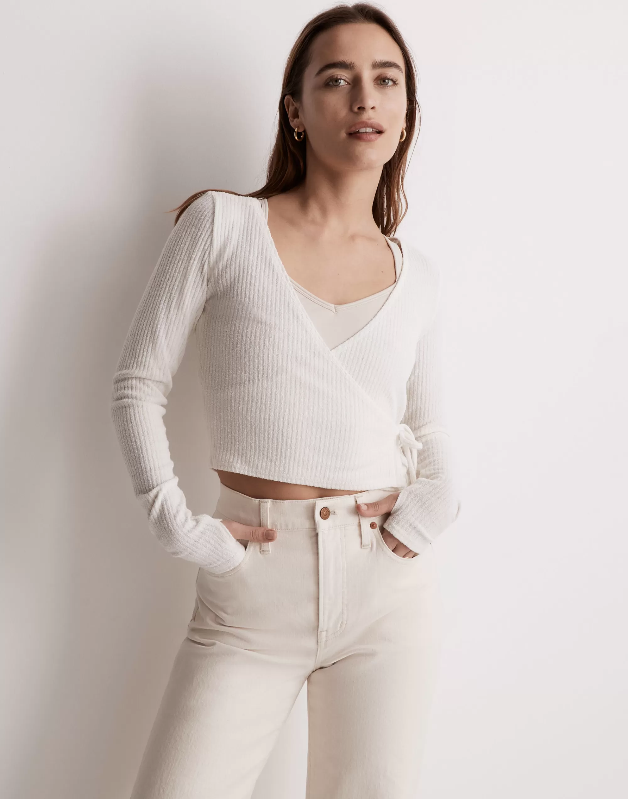 Madewell Sweatshirts & Sweatpants>Mwl Ribbed V-Neck Wrap Top Lighthouse