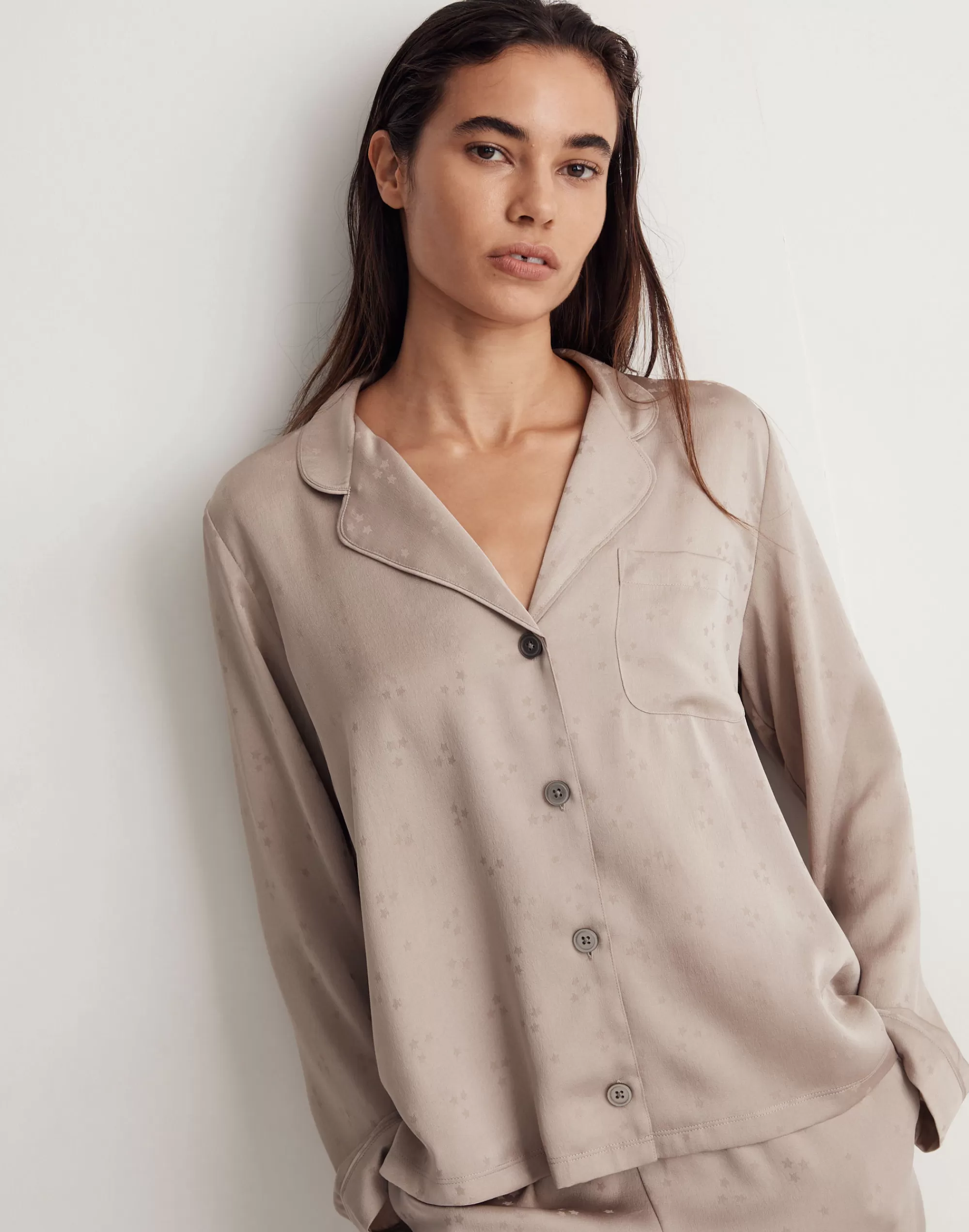 Madewell Pajamas>Night Stars Satin Bedtime Long-Sleeve Pajama Top Ashen Silver