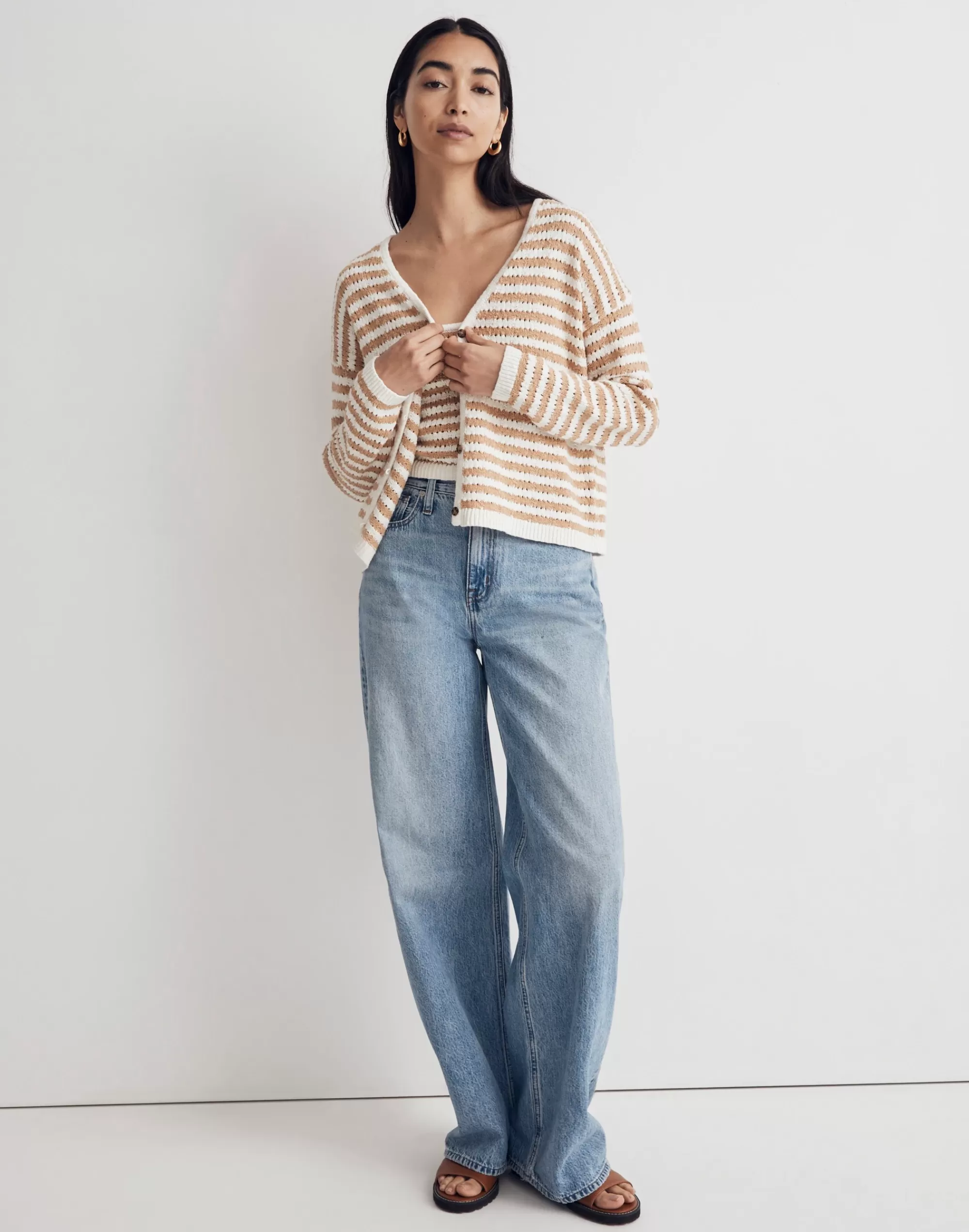 Madewell Tees>Open-Stitch Cardigan Sweater In Stripe Earthen Sand