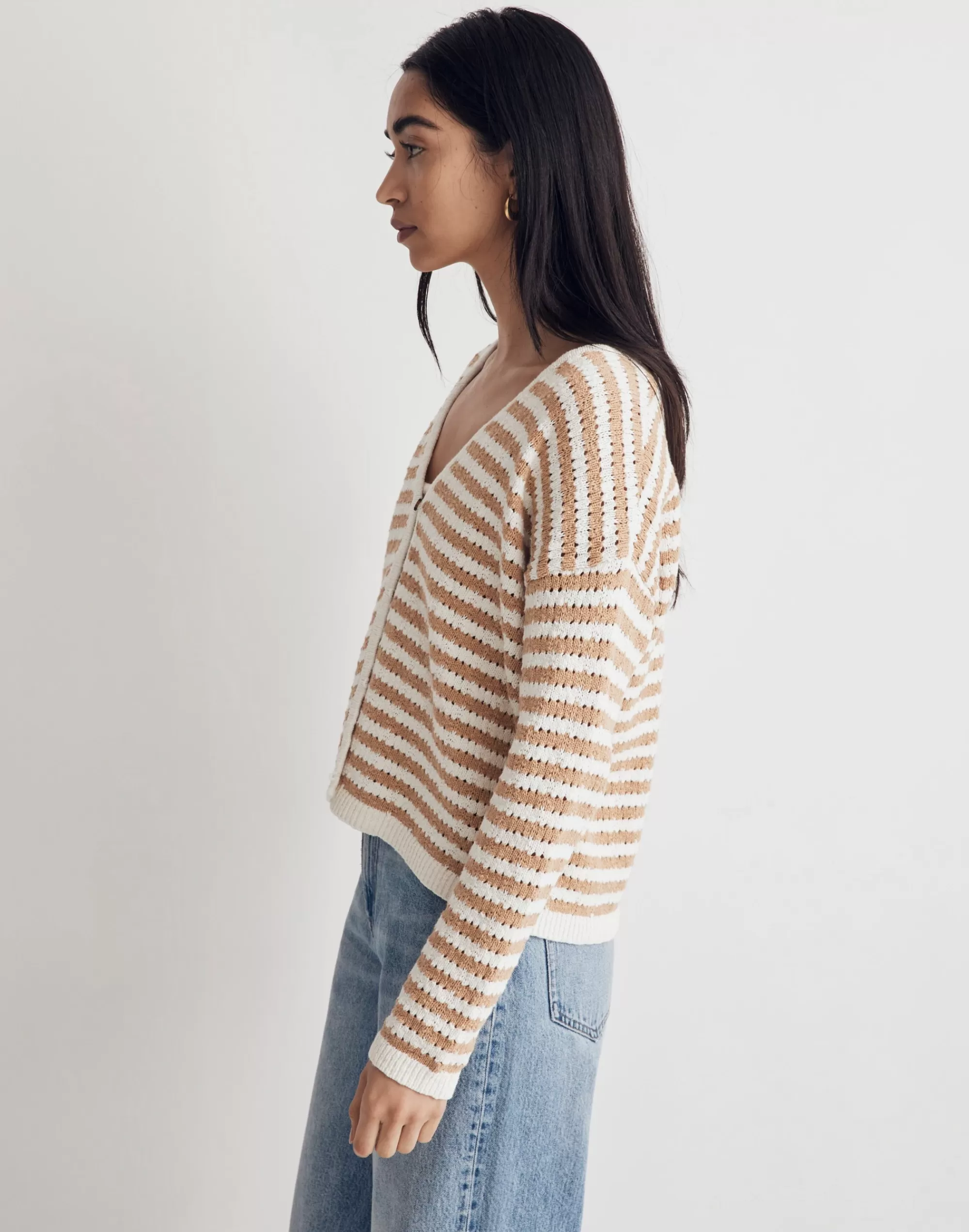 Madewell Tees>Open-Stitch Cardigan Sweater In Stripe Earthen Sand