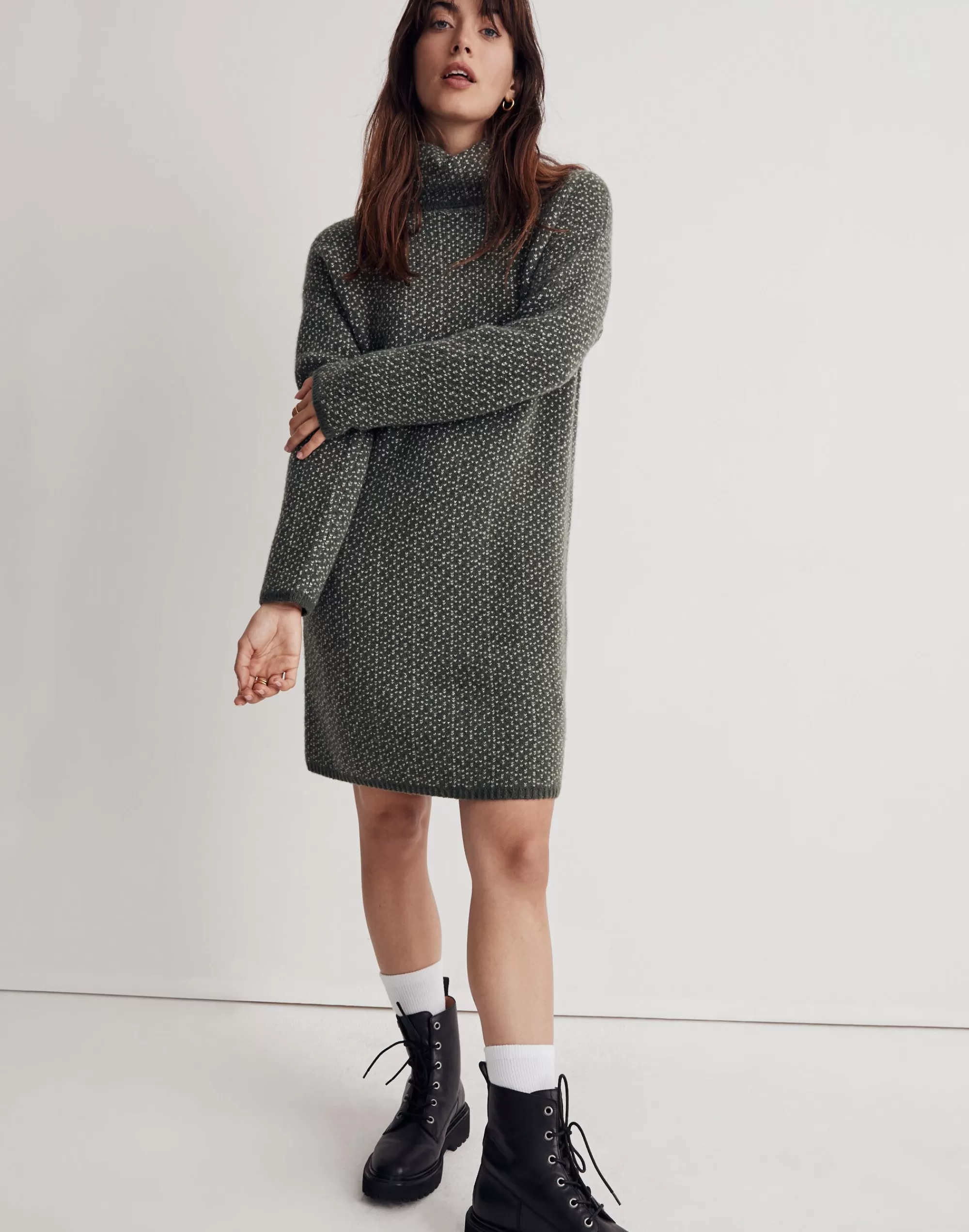 Madewell Dresses>Oversized Turtleneck Sweater Dress In Geo Print Heather Fatigue