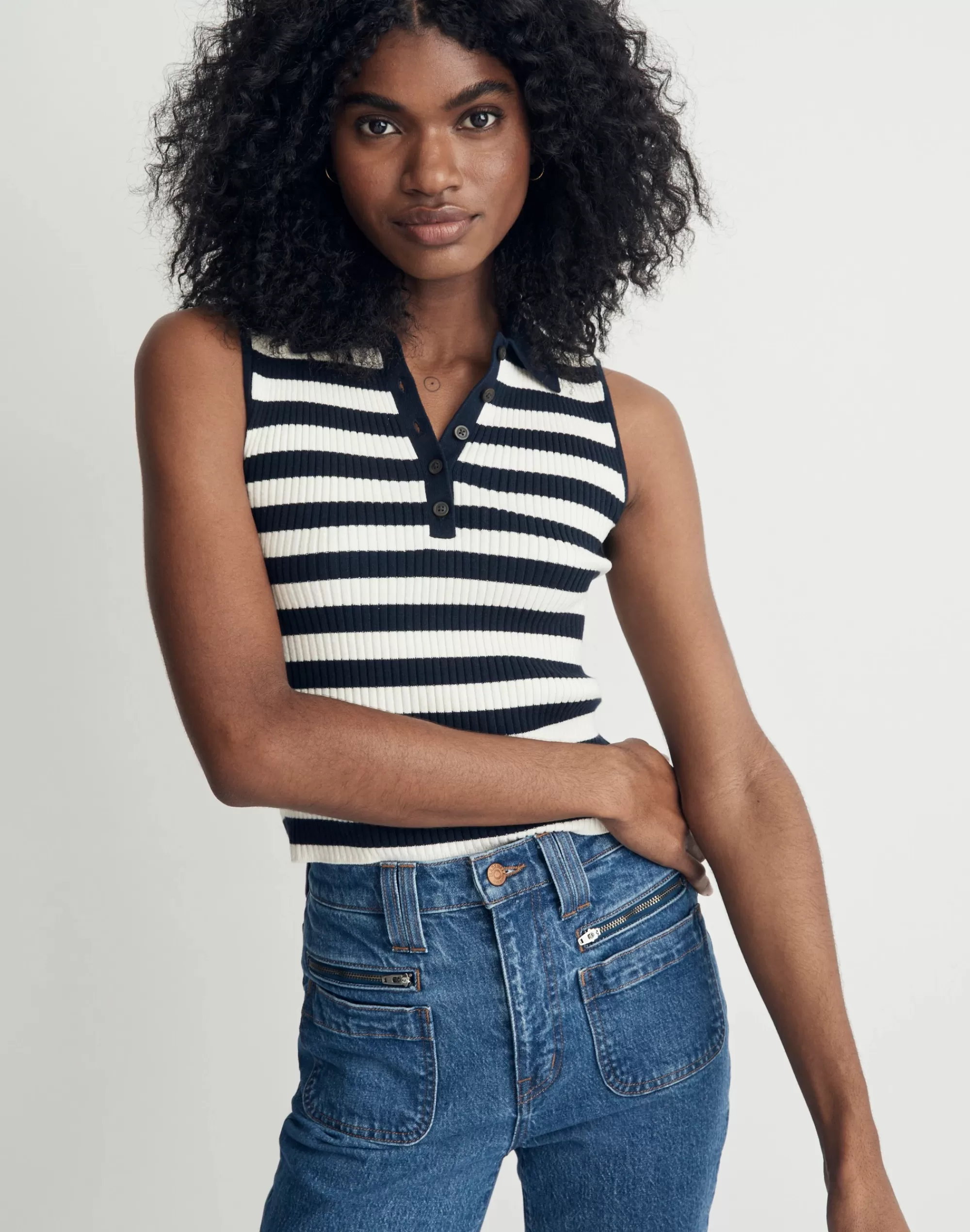 Madewell Tees>Owen Polo Sweater Tank In Stripe Deep Indigo