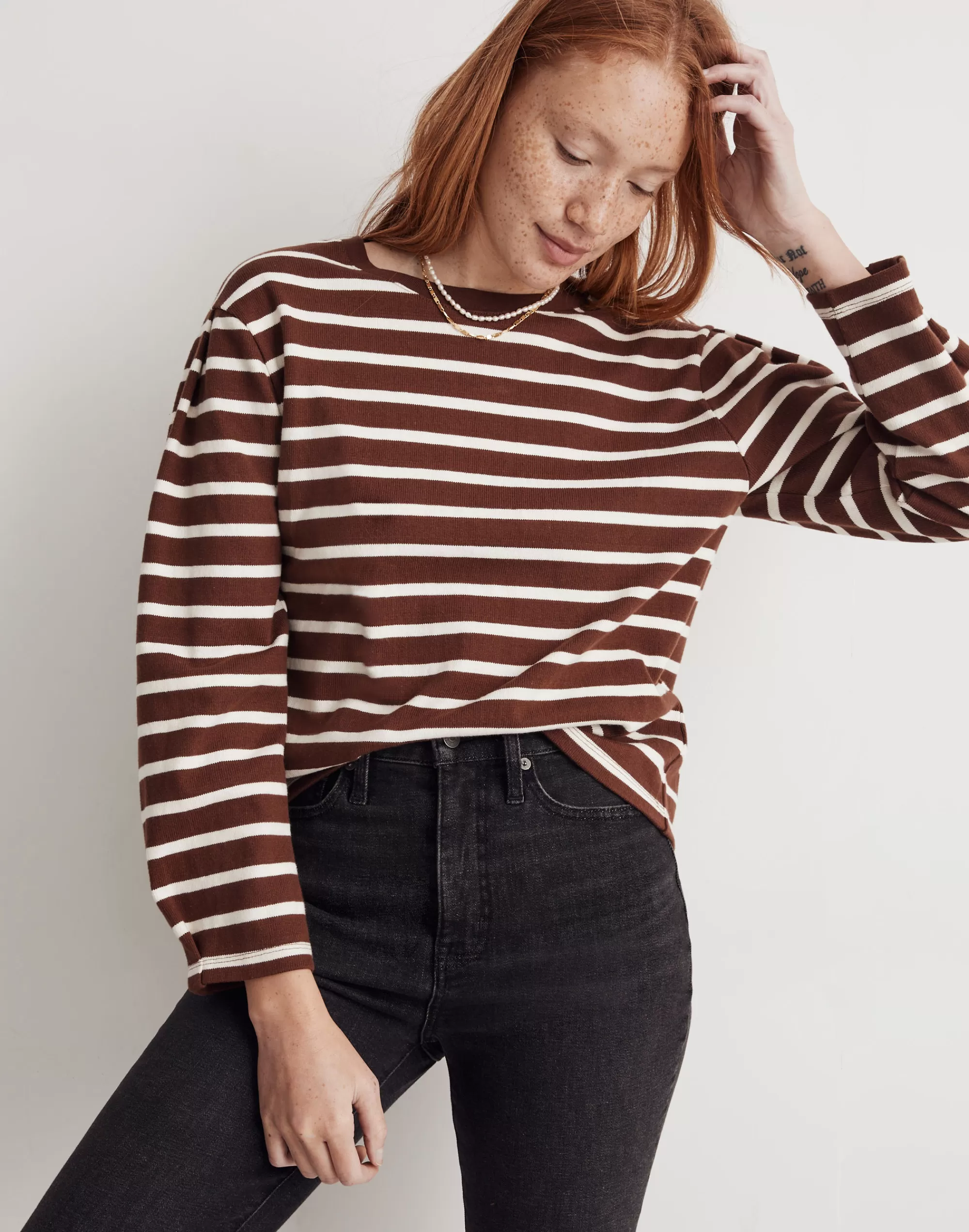 Madewell Tees>Pleated Long-Sleeve Tee In Stripe Soft Mahogany