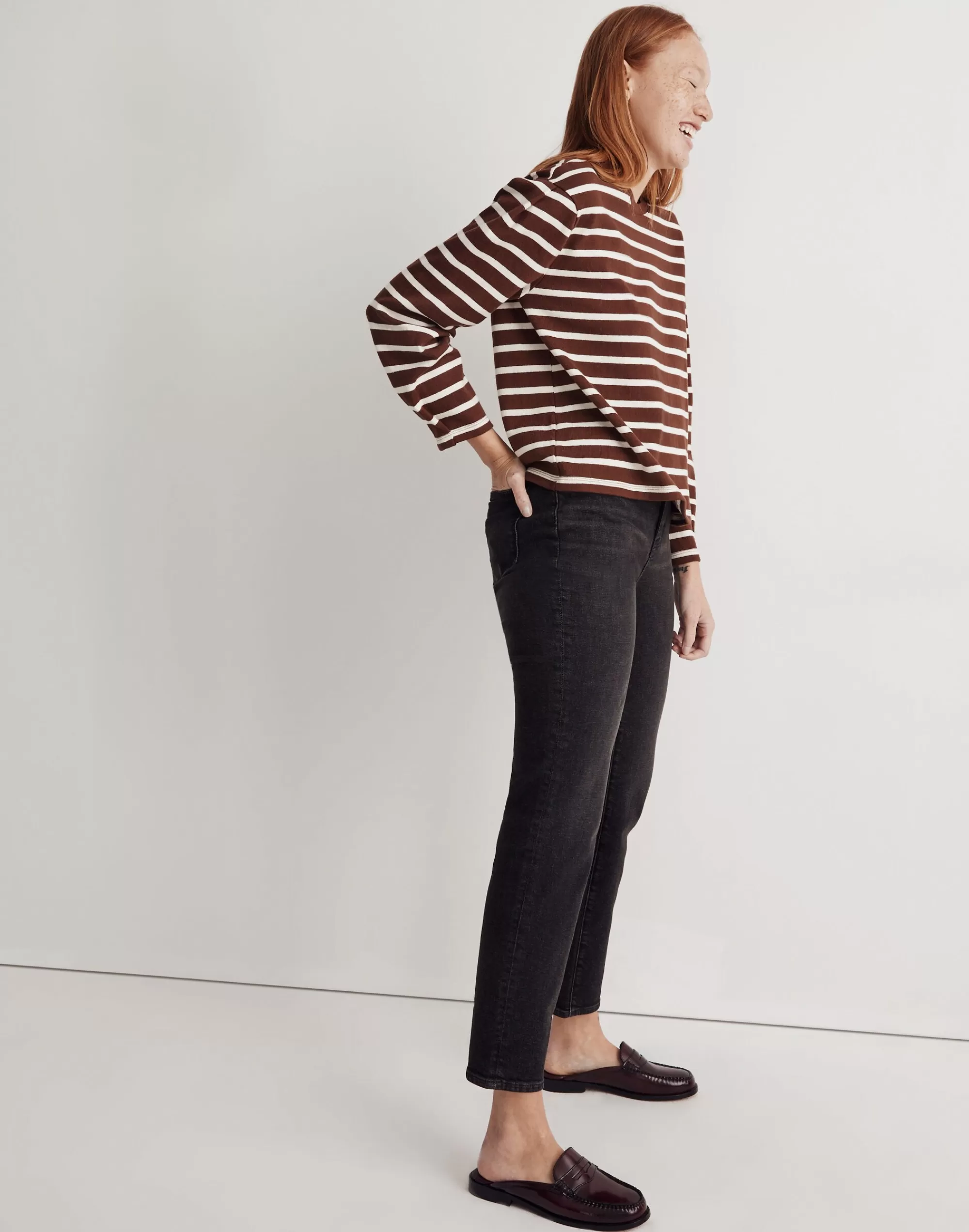 Madewell Tees>Pleated Long-Sleeve Tee In Stripe Soft Mahogany