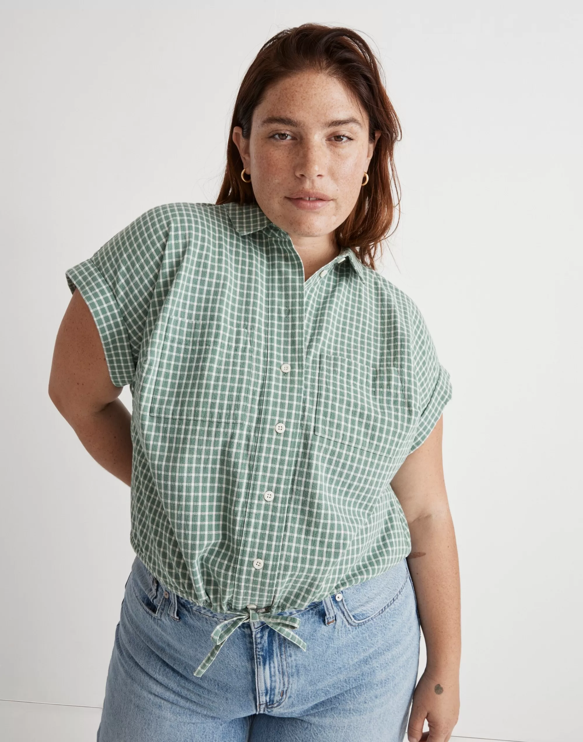 Madewell Tops & Shirts>Plus Button-Up Drawstring Shirt In Yarn-Dyed Plaid Yd Dobby Trellis Green