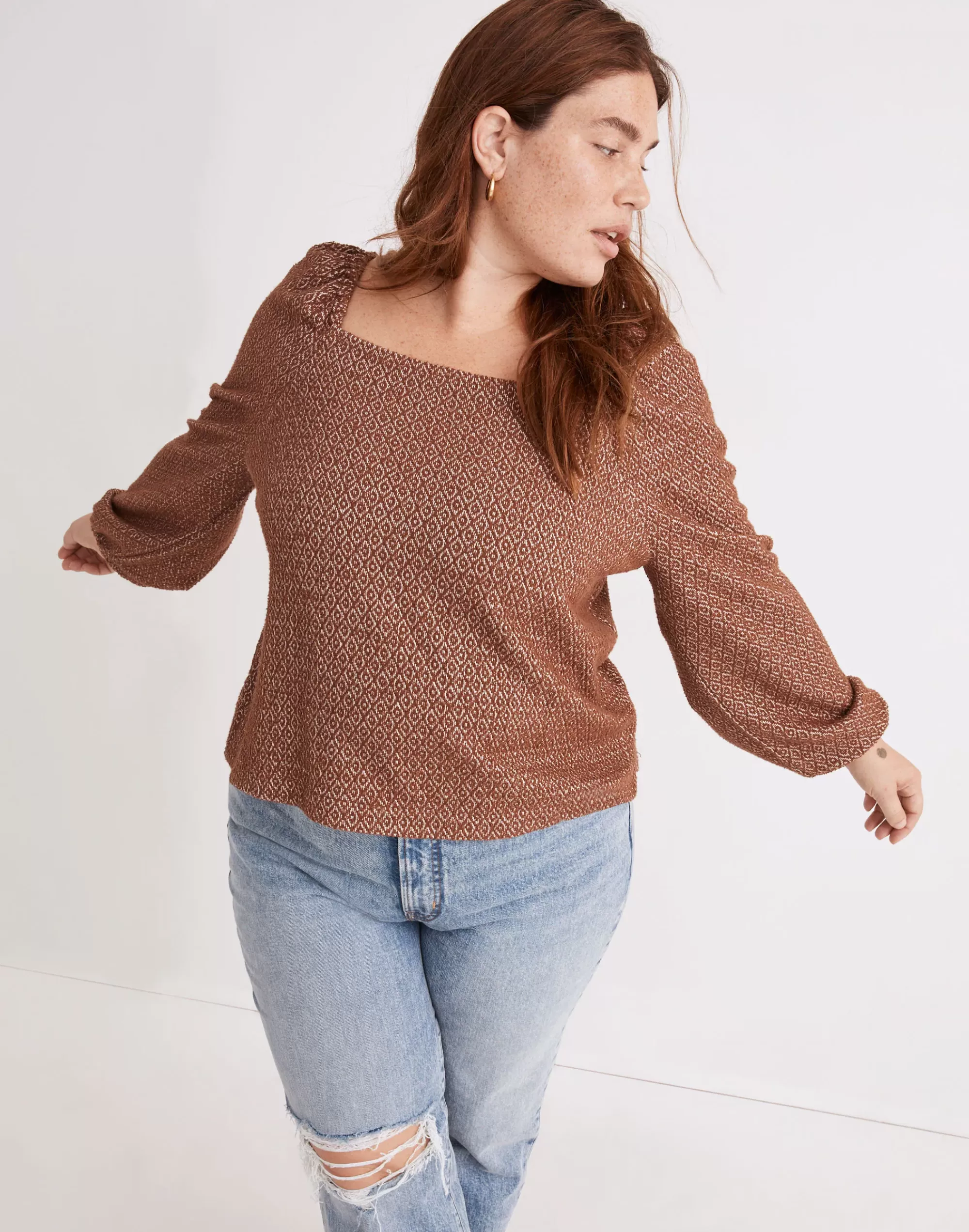 Madewell Tees>Plus Jacquard Puff-Sleeve Crop Top Dark Merlot