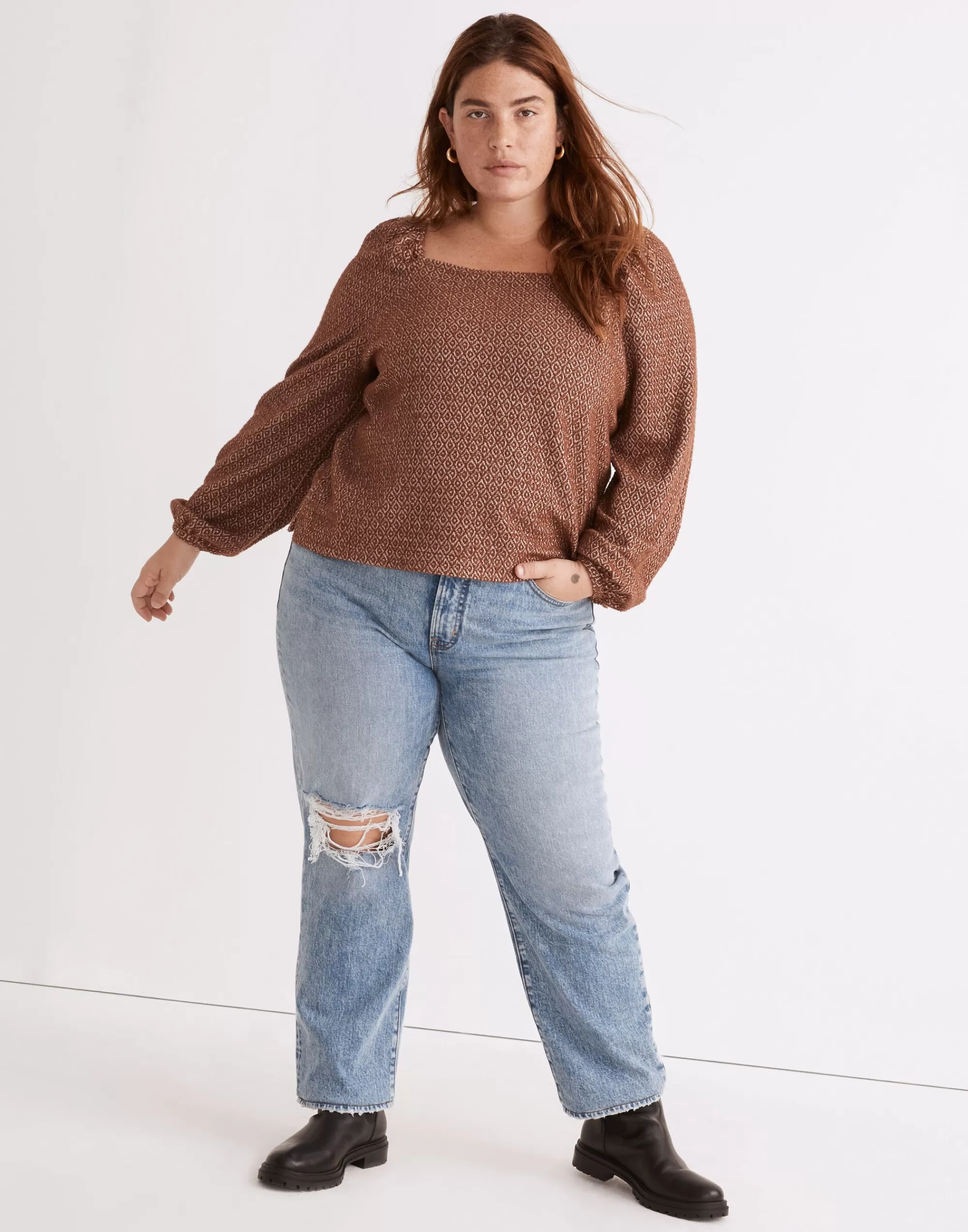 Madewell Tees>Plus Jacquard Puff-Sleeve Crop Top Dark Merlot