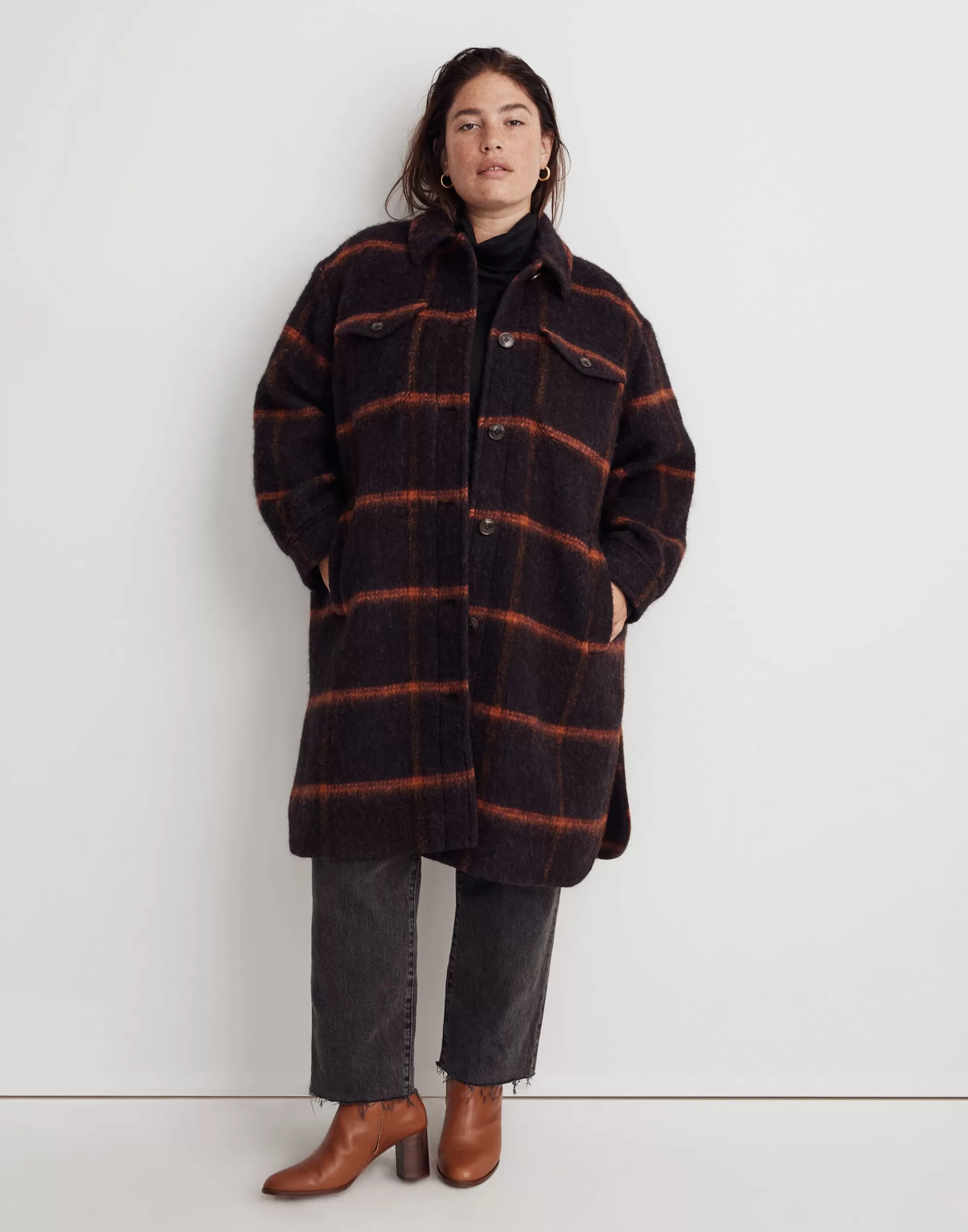 Madewell Jackets>Plus Long Shirt-Jacket In Windowpane Spiced Raisin