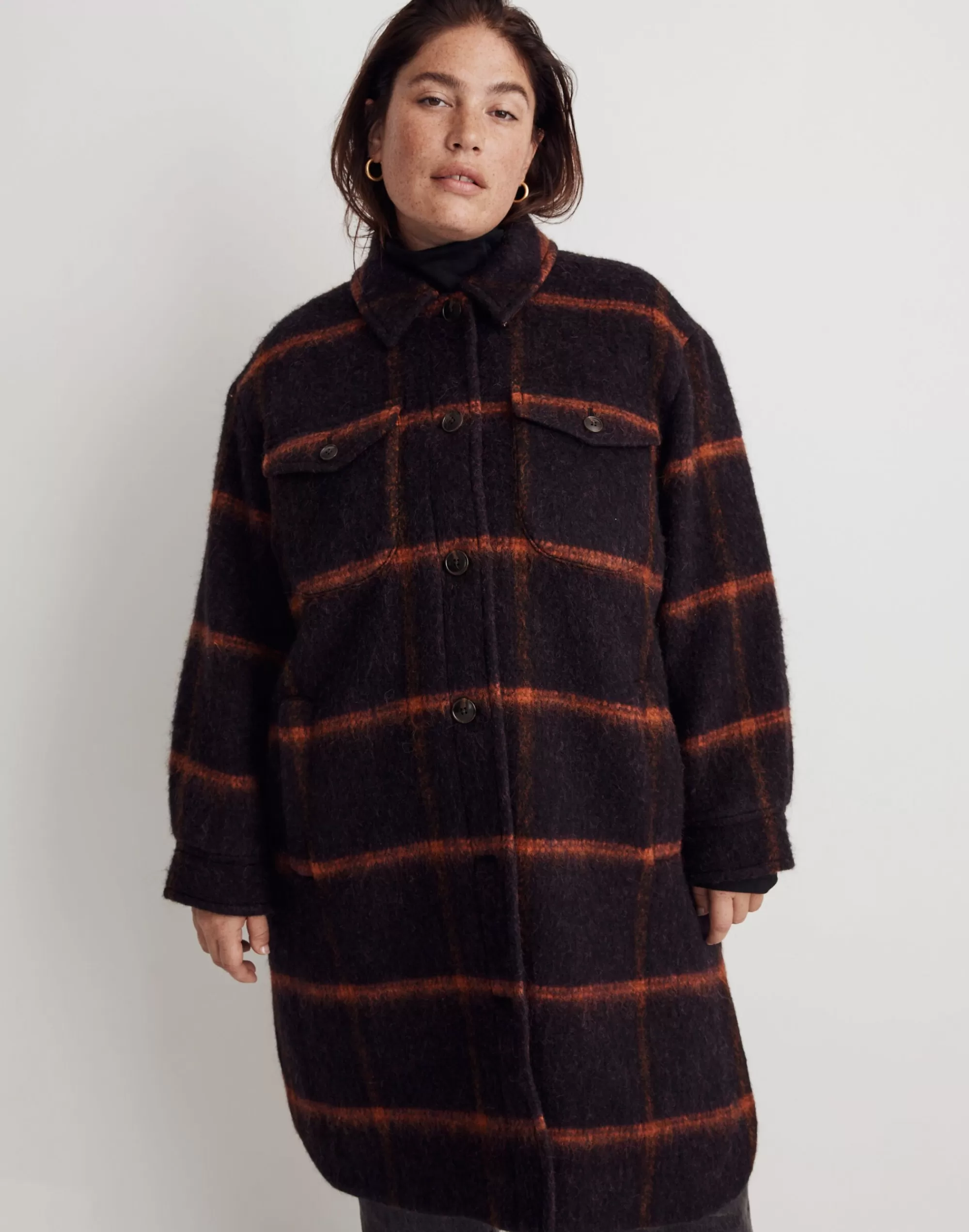 Madewell Jackets>Plus Long Shirt-Jacket In Windowpane Spiced Raisin