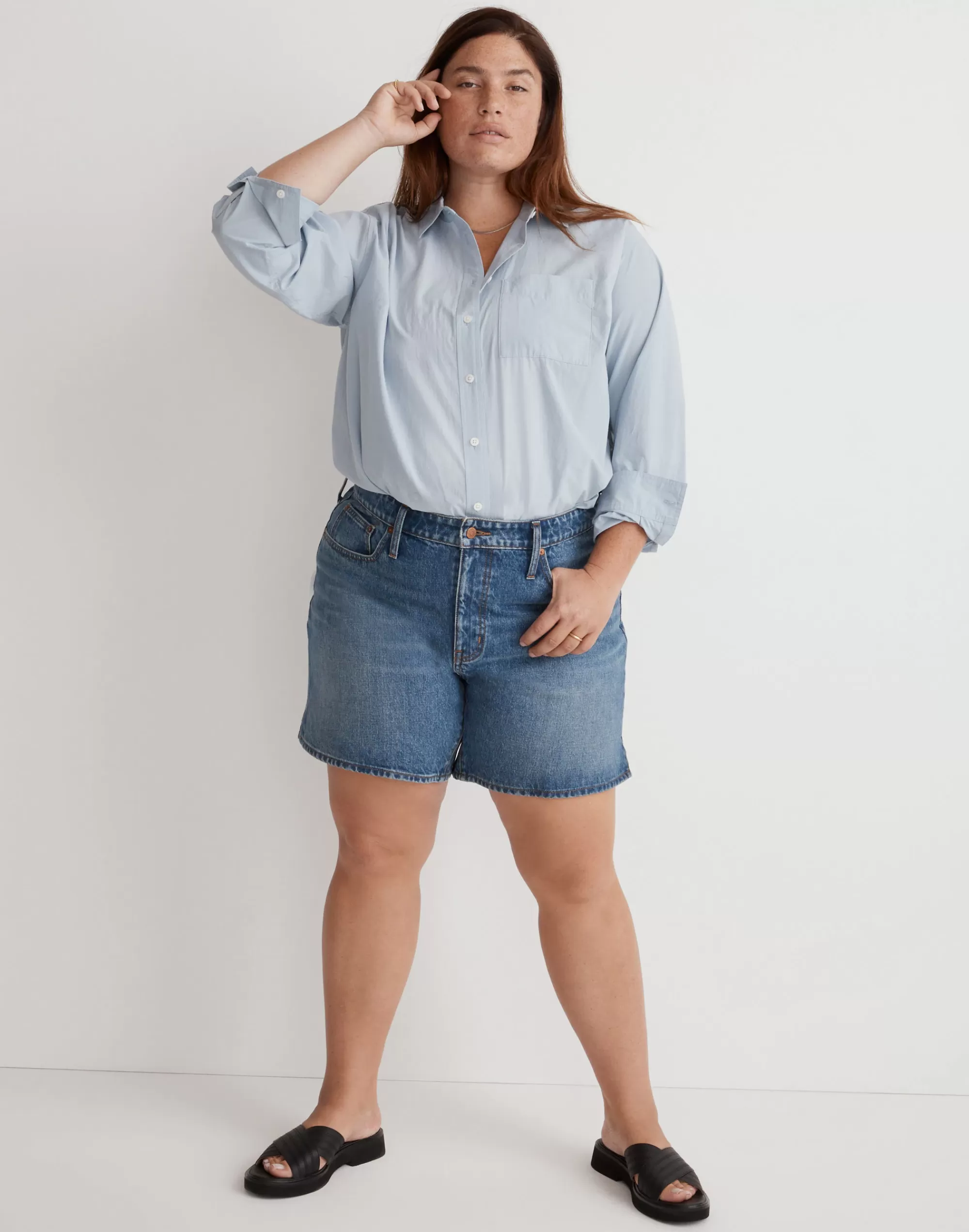 Madewell Relaxed Shorts>Plus Relaxed Mid-Length Denim Shorts In : Side-Slit Edition Kimbrough Wash