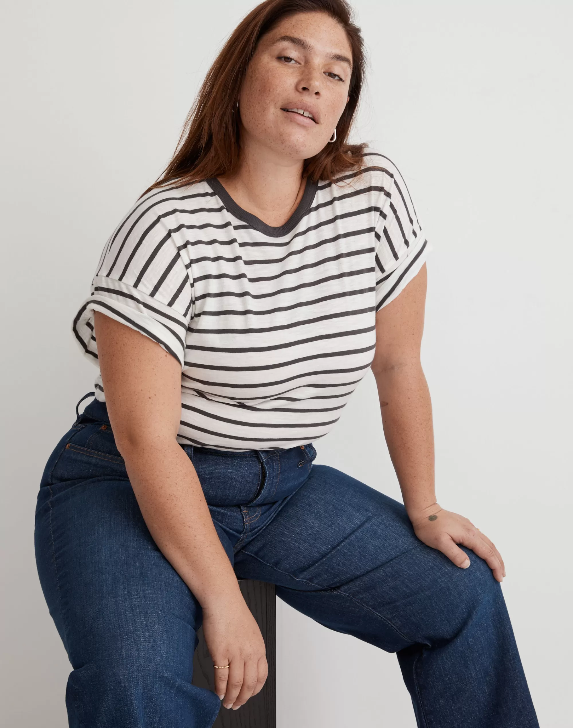 Madewell Tees>Plus Whisper Cotton Crewneck Tee In Darville Stripe Lobster Stripe