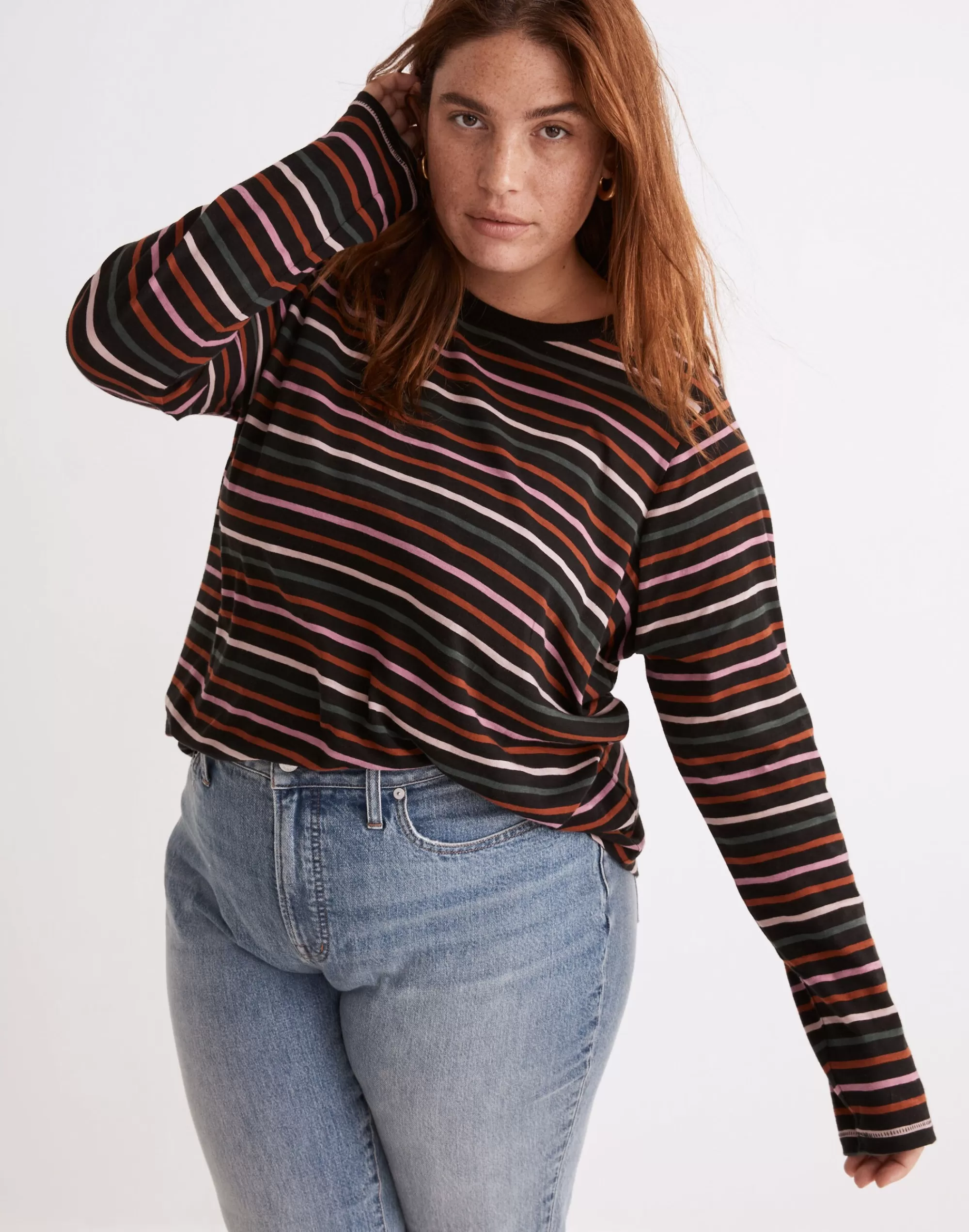 Madewell Tees>Plus Whisper Cotton Rib-Crewneck Long-Sleeve Tee In Ryley Stripe True Black