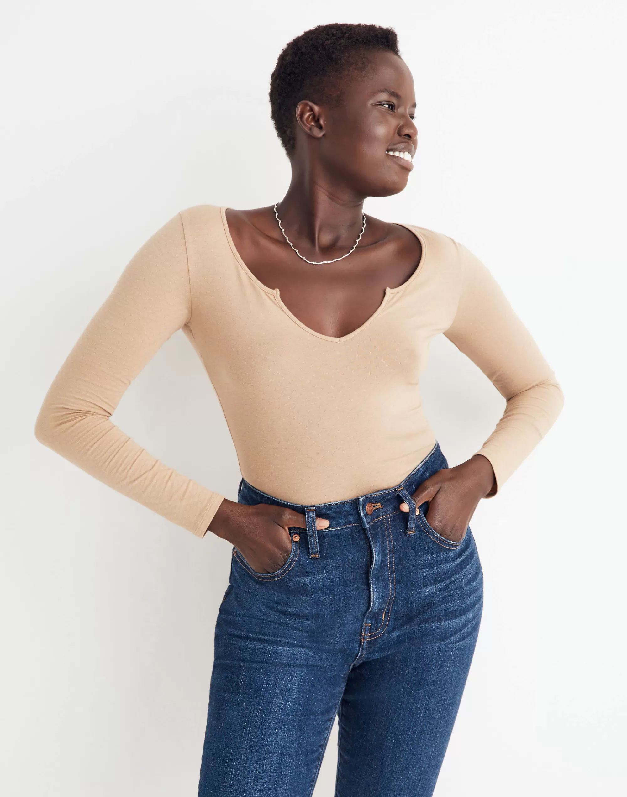 Madewell Tees>Pointelle Split-Neck Long-Sleeve Thong Bodysuit Seed Khaki