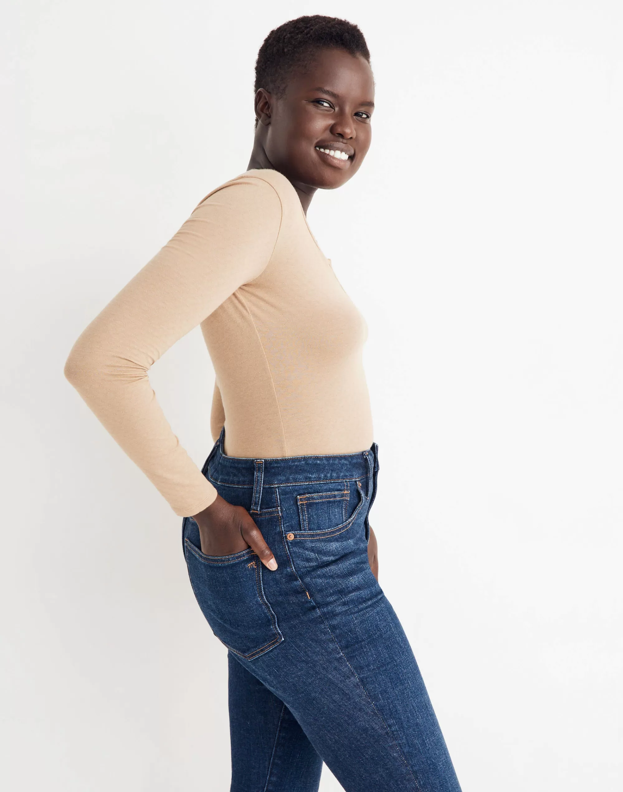 Madewell Tees>Pointelle Split-Neck Long-Sleeve Thong Bodysuit Seed Khaki