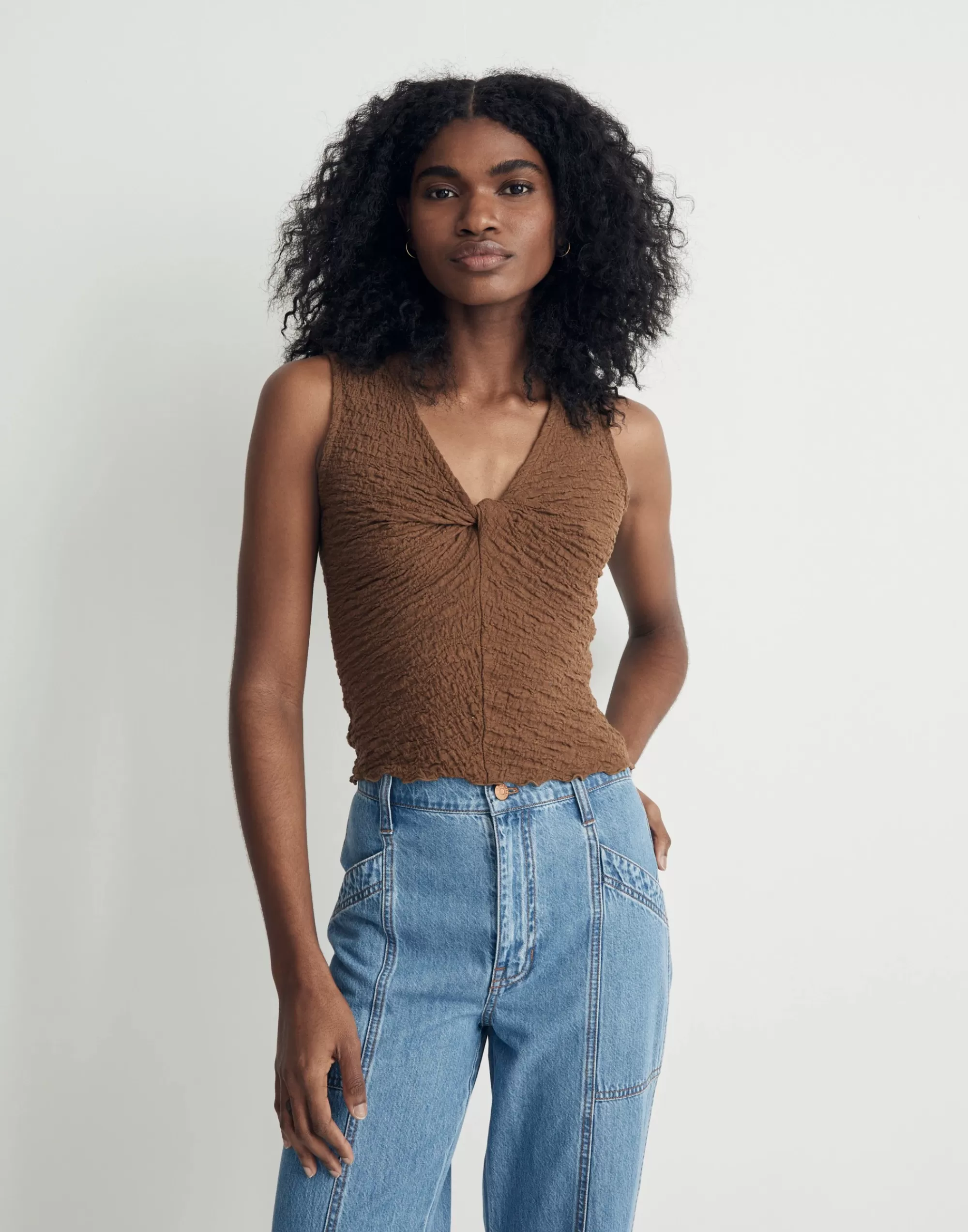 Madewell Tees>Popcorn-Knit Twist-Front Sleeveless Top Light Roast