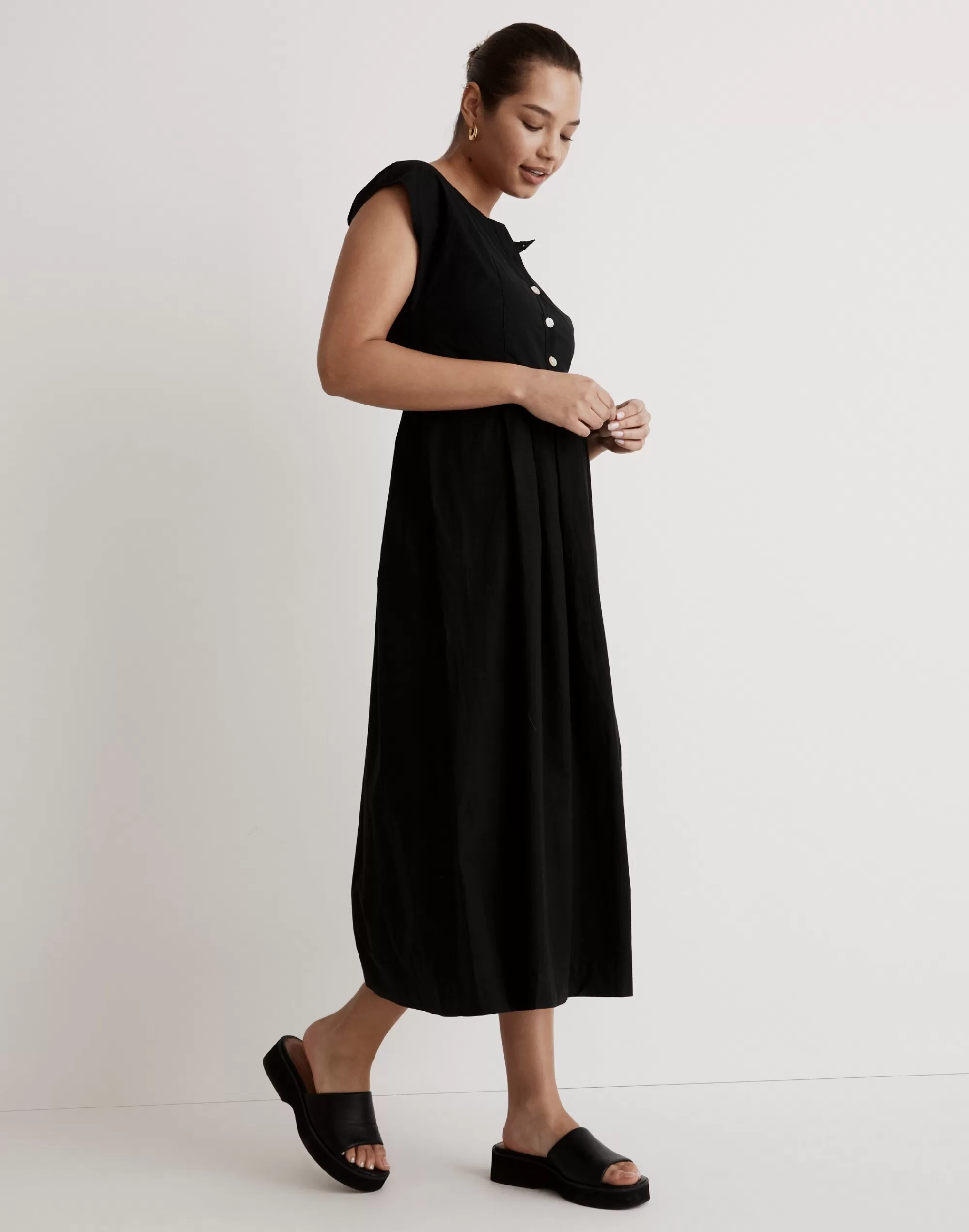 Madewell Dresses>Poplin Button-Front Midi Dress True Black