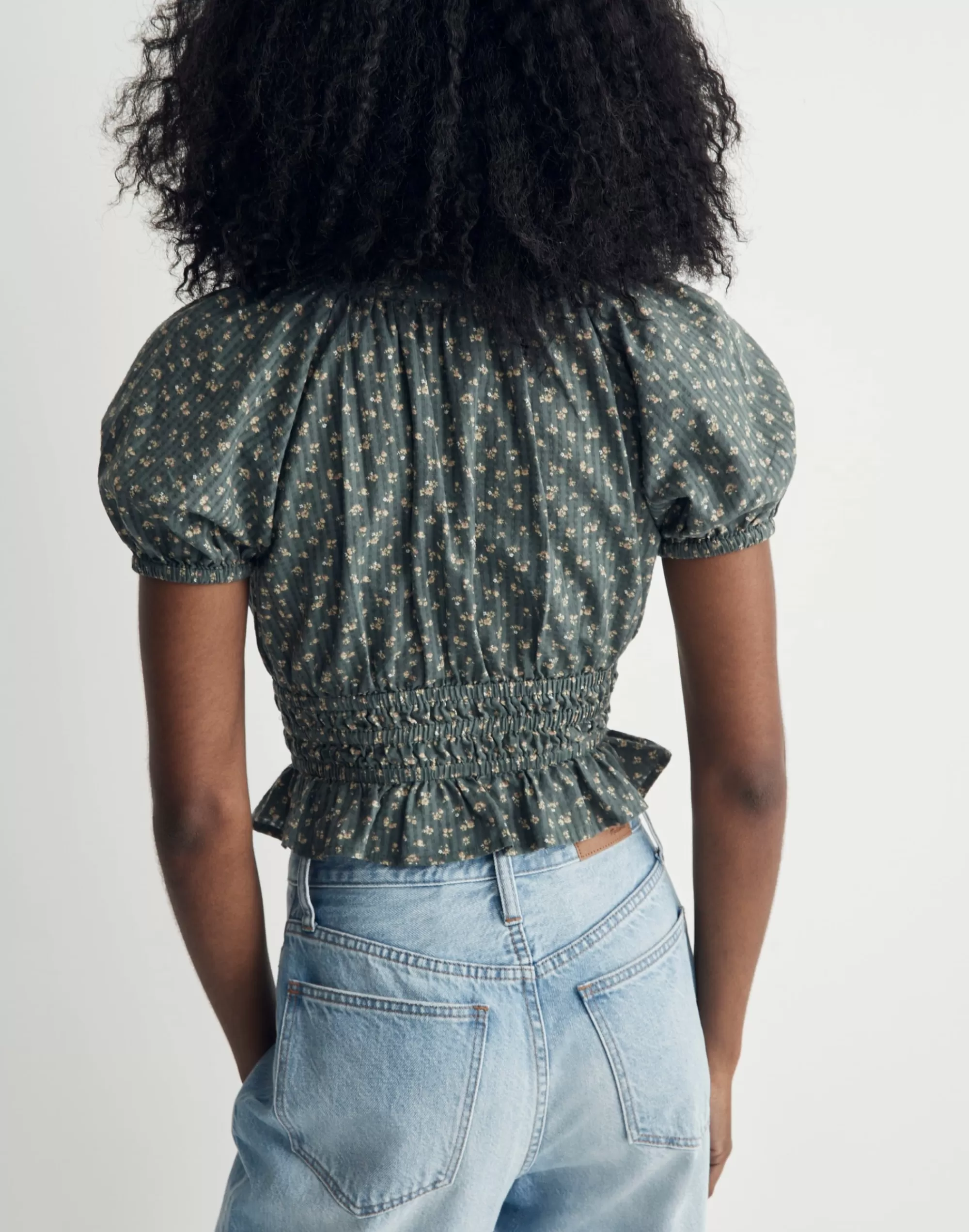 Madewell Tops & Shirts>Poplin Puff-Sleeve Smocked Crop Top In Bitsy Bouquet Architect Green