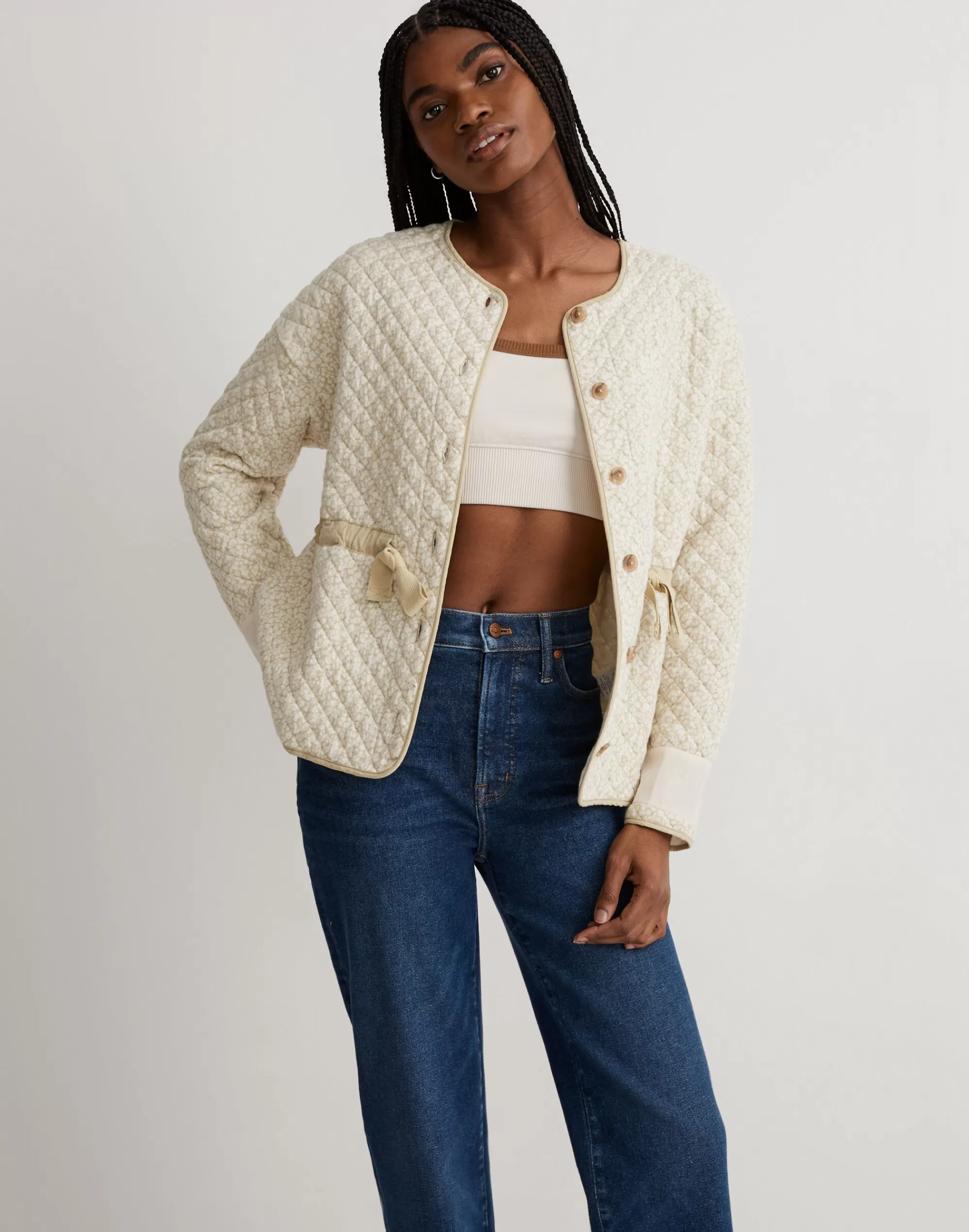 Madewell Jackets>Quilted Jacquard Snap-Front Collarless Jacket In Daisy Blooms Faded Seagrass