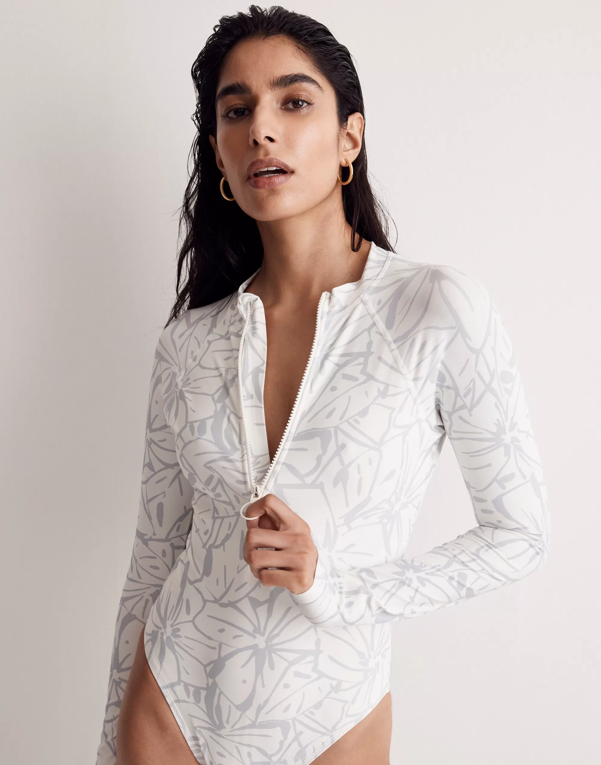 Madewell Swim>Rash Guard One-Piece Swimsuit In Abstract Flora Lighthouse Cool Fog