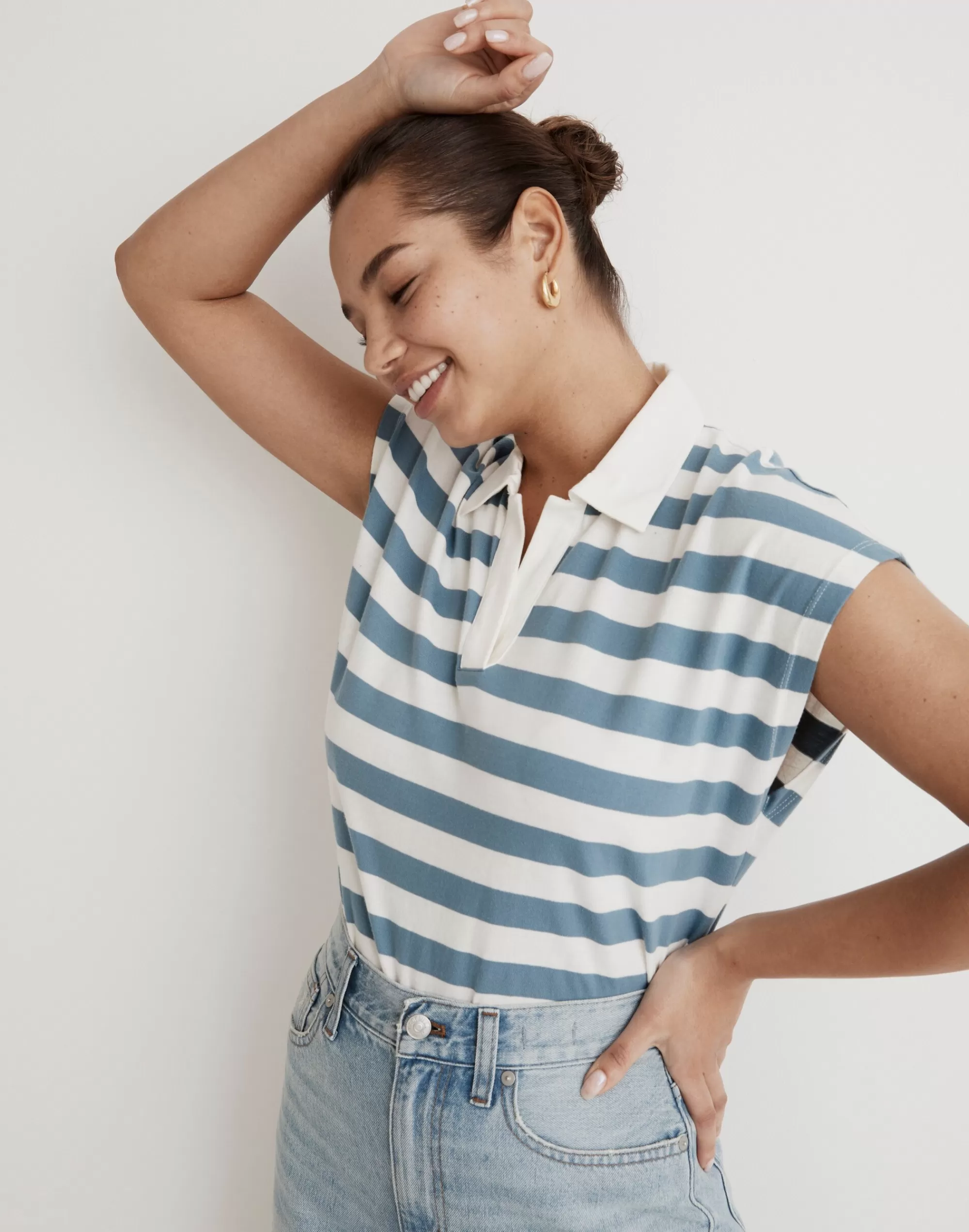 Madewell Tees>Relaxed Polo Tee In Stripe Ocean