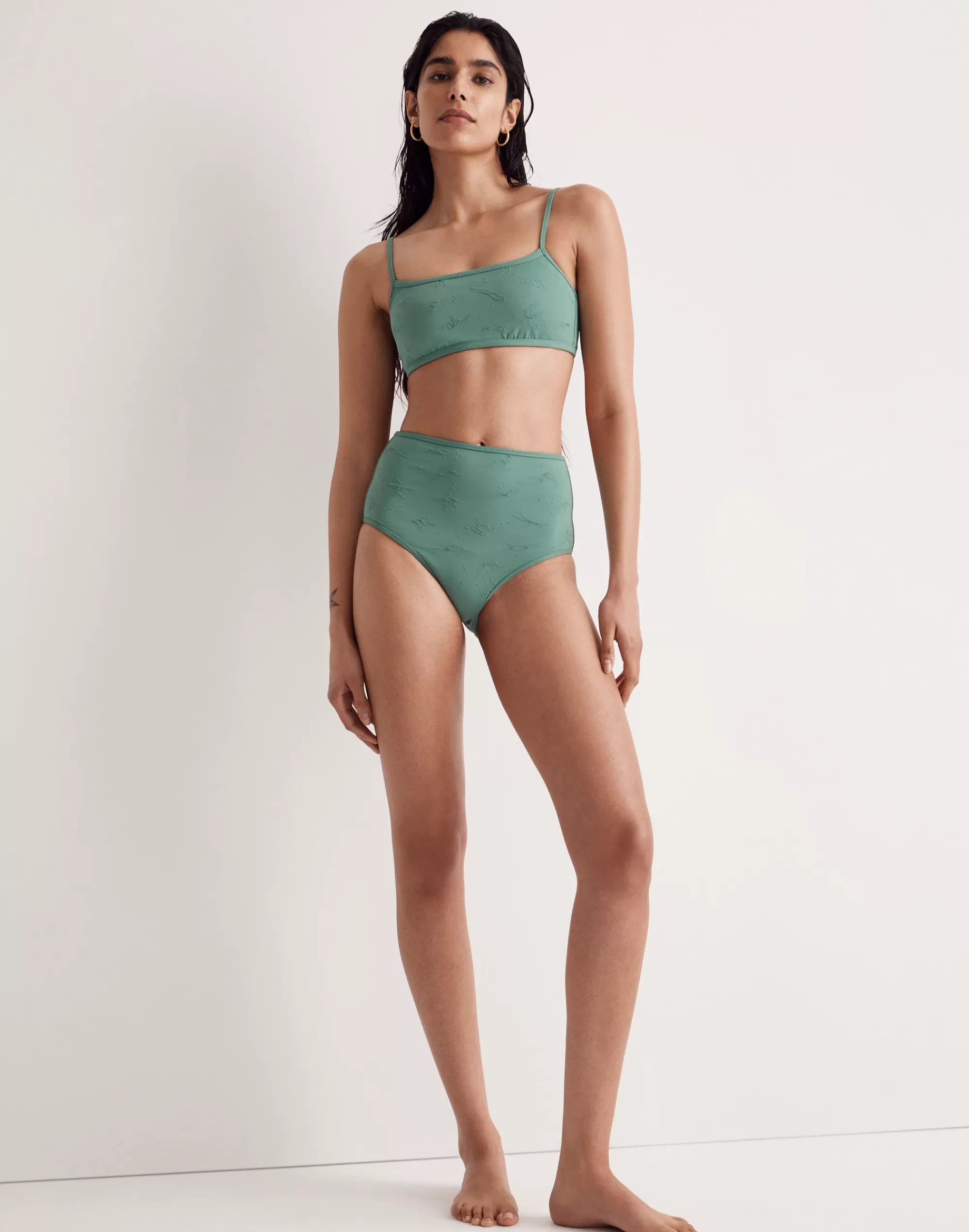 Madewell Swim>Retro High-Waisted Bikini Bottom In Swim Team Jacquard Trellis Green