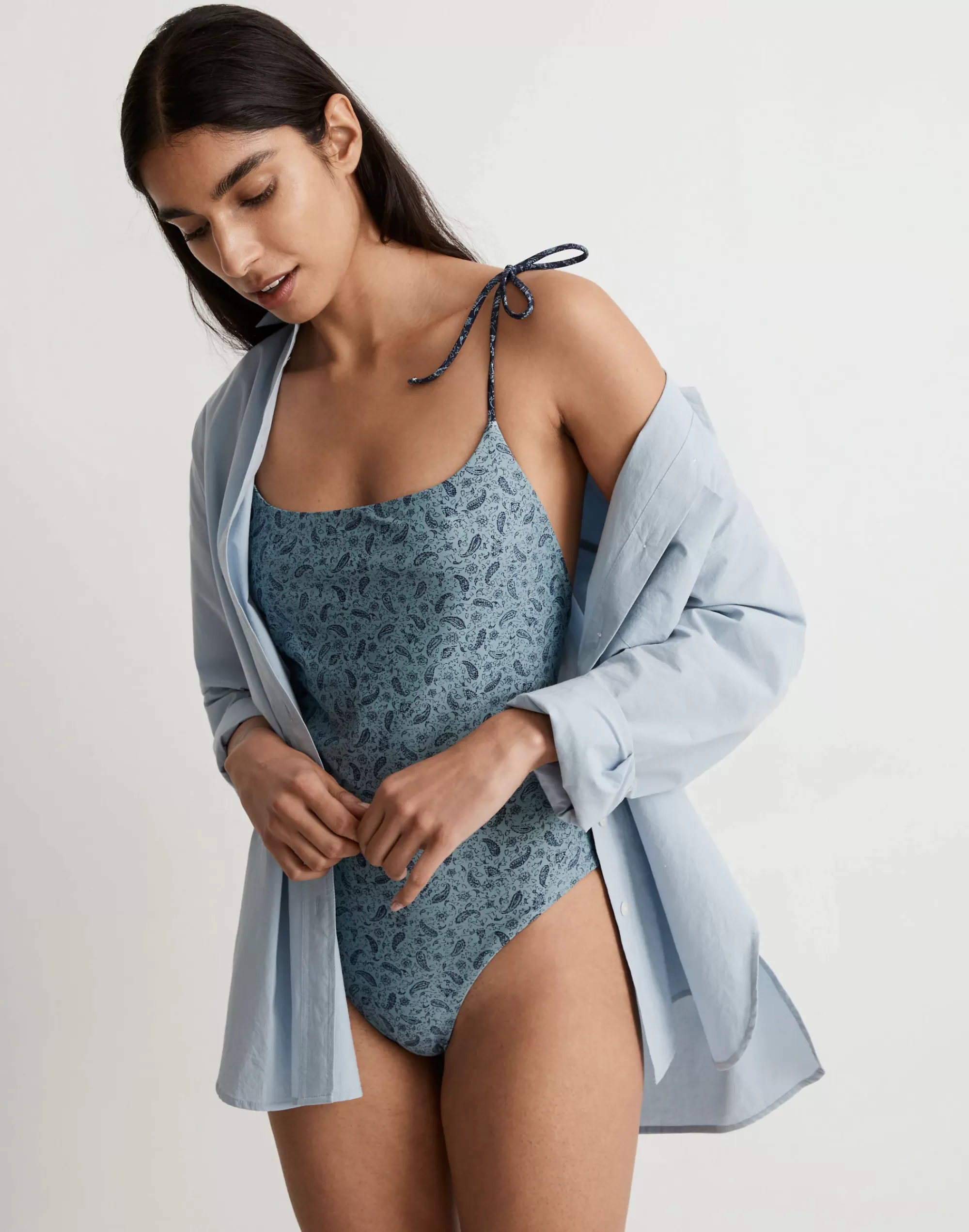 Madewell Swim>Reversible Tie Spaghetti-Strap One-Piece Swimsuit Overcast