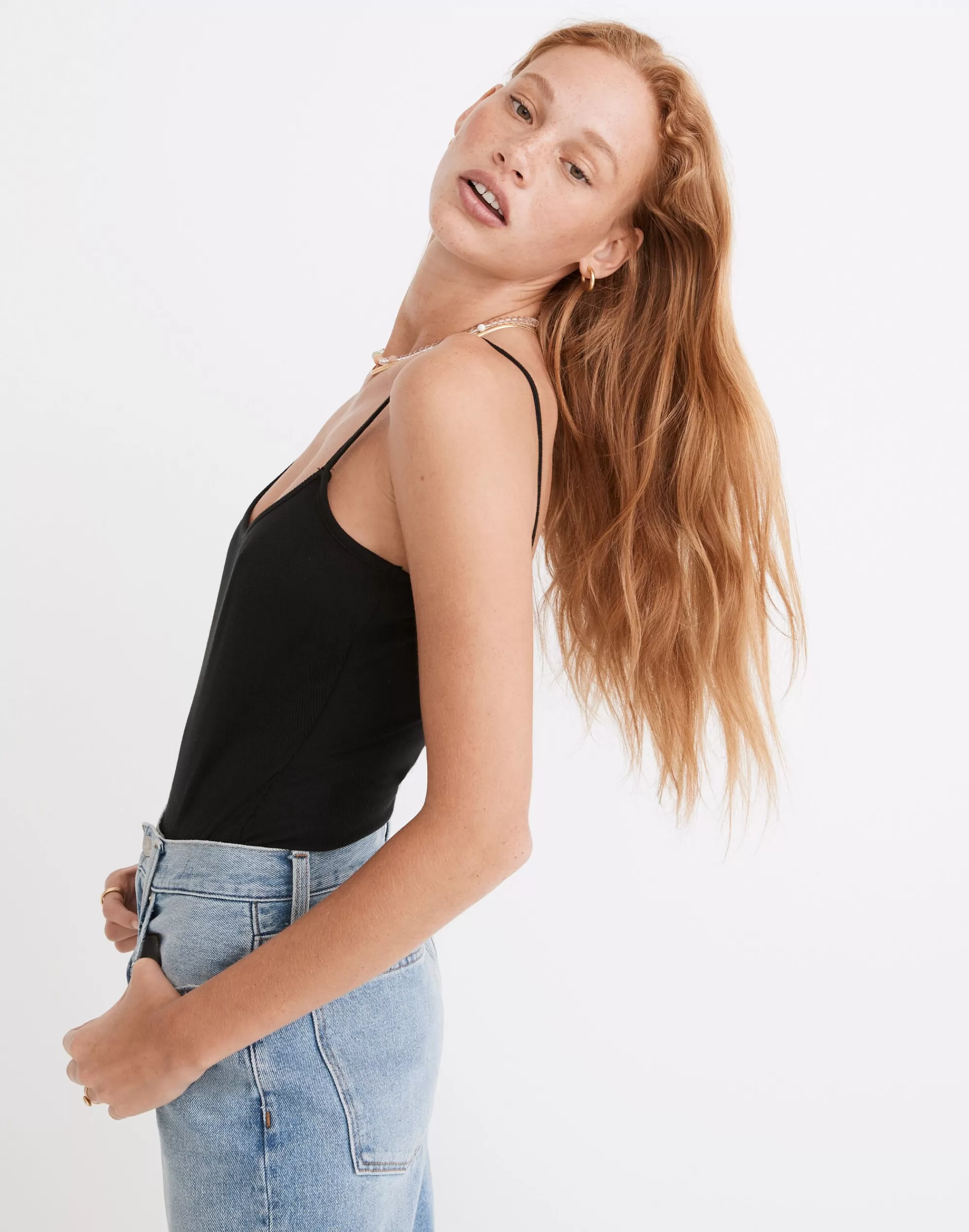 Madewell Tees>Ribbed Cami Thong Bodysuit True Black