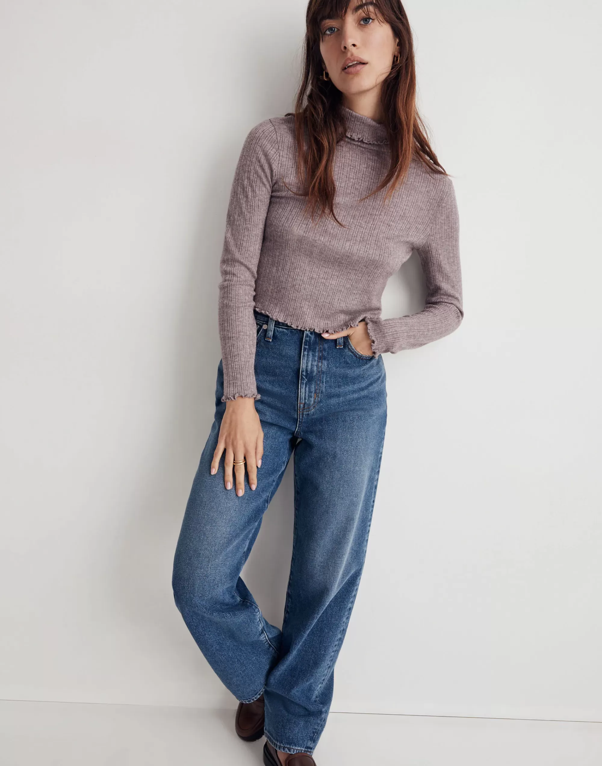 Madewell Tees>Ribbed Long-Sleeve Turtleneck Crop Top Chocolate Raisin