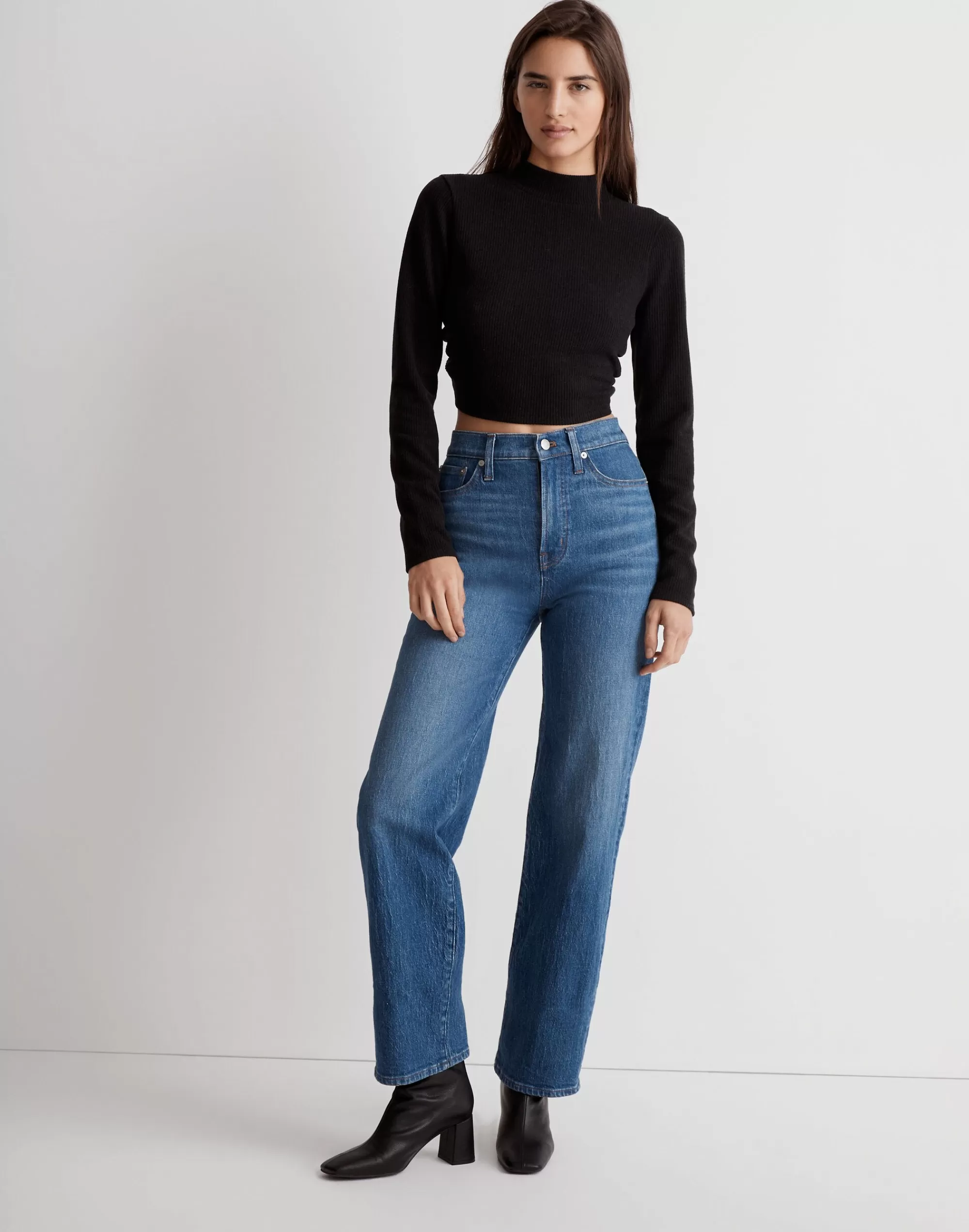 Madewell Tees>Ribbed Mockneck Open-Back Crop Top True Black