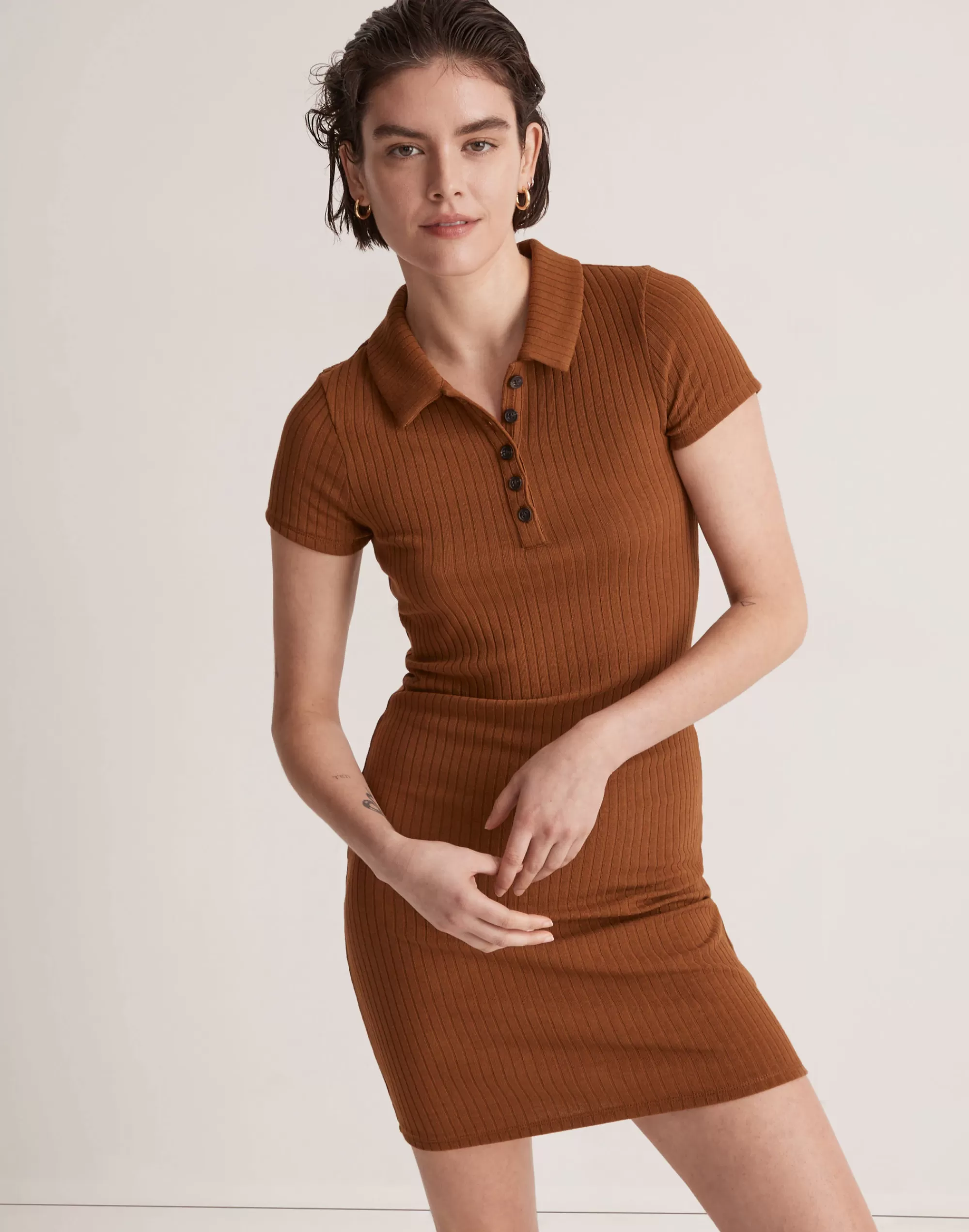 Madewell Dresses>Ribbed Polo Knit Mini Dress Sepia