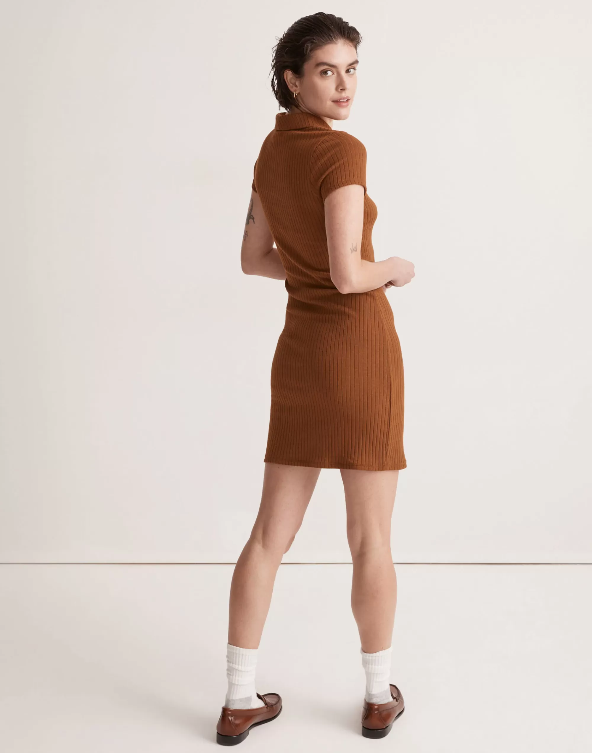 Madewell Dresses>Ribbed Polo Knit Mini Dress Sepia