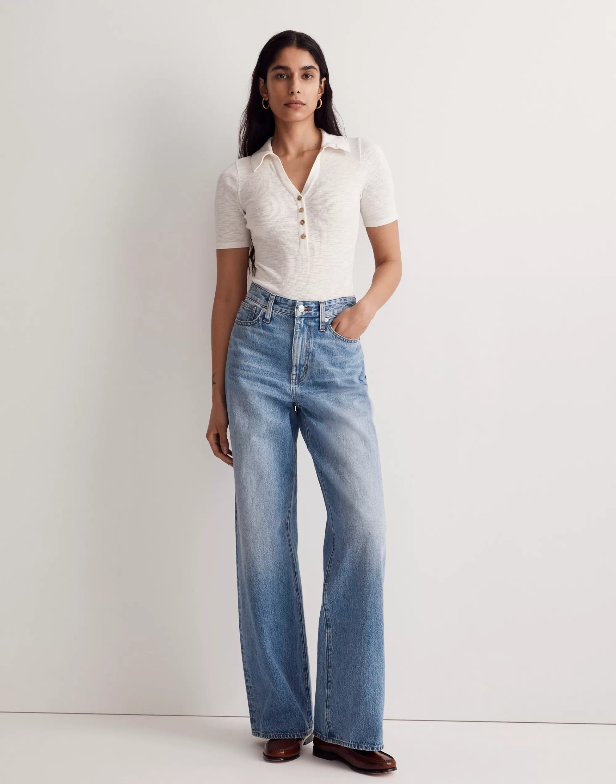 Madewell Tees>Ribbed Short-Sleeve Polo Thong Bodysuit Lighthouse